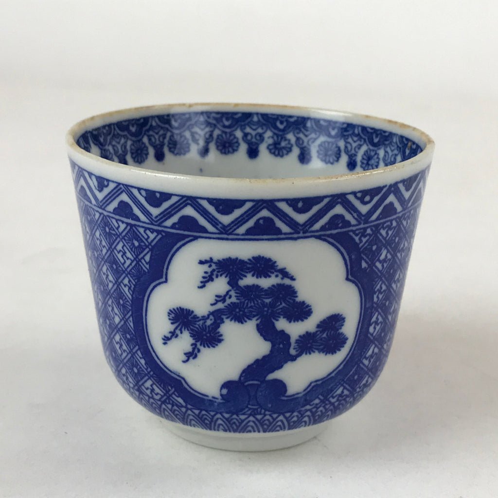 Japanese Ceramic Sometsuke Teacup Vtg Shochikubai White Blue Yunomi Sencha TC419