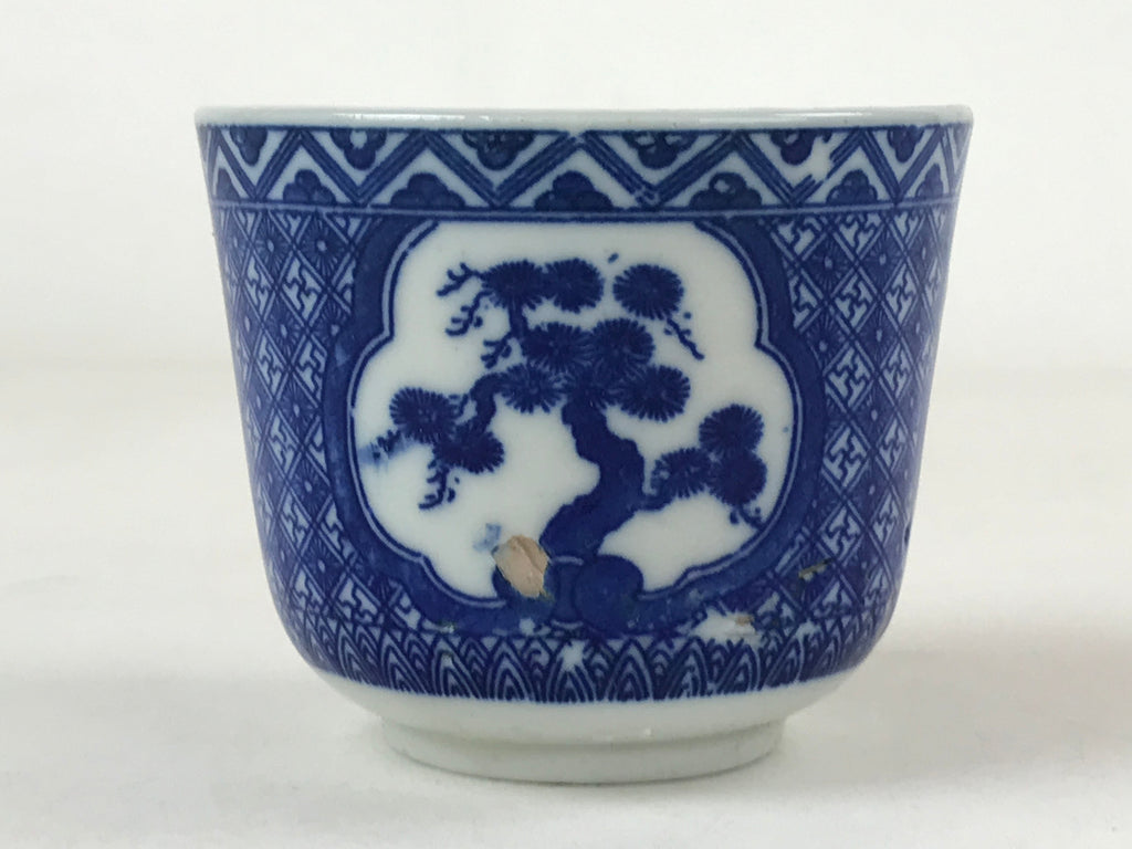 Japanese Ceramic Sometsuke Teacup Vtg Shochikubai White Blue Yunomi Sencha TC420