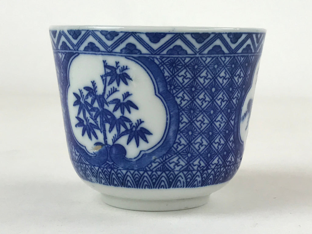Japanese Ceramic Sometsuke Teacup Vtg Shochikubai White Blue Yunomi Sencha TC420