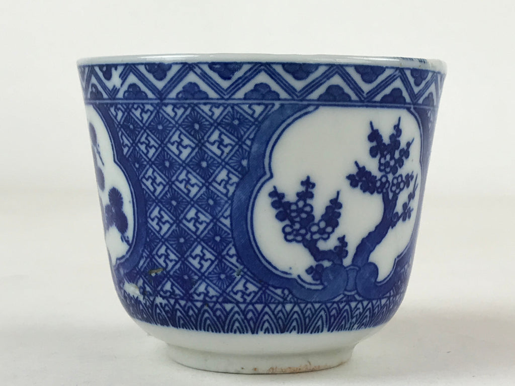 Japanese Ceramic Sometsuke Teacup Vtg Shochikubai White Blue Yunomi Sencha TC420