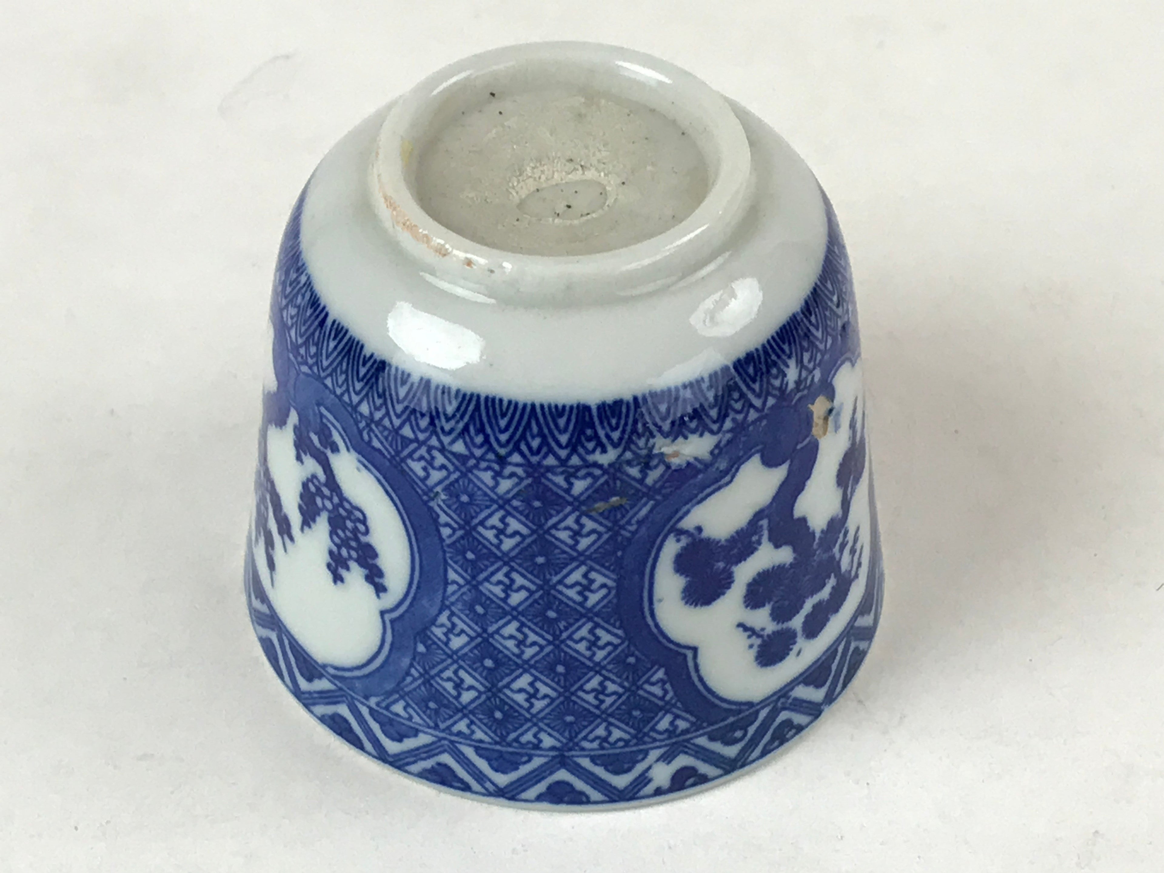 Japanese Ceramic Sometsuke Teacup Vtg Shochikubai White Blue Yunomi Sencha TC420