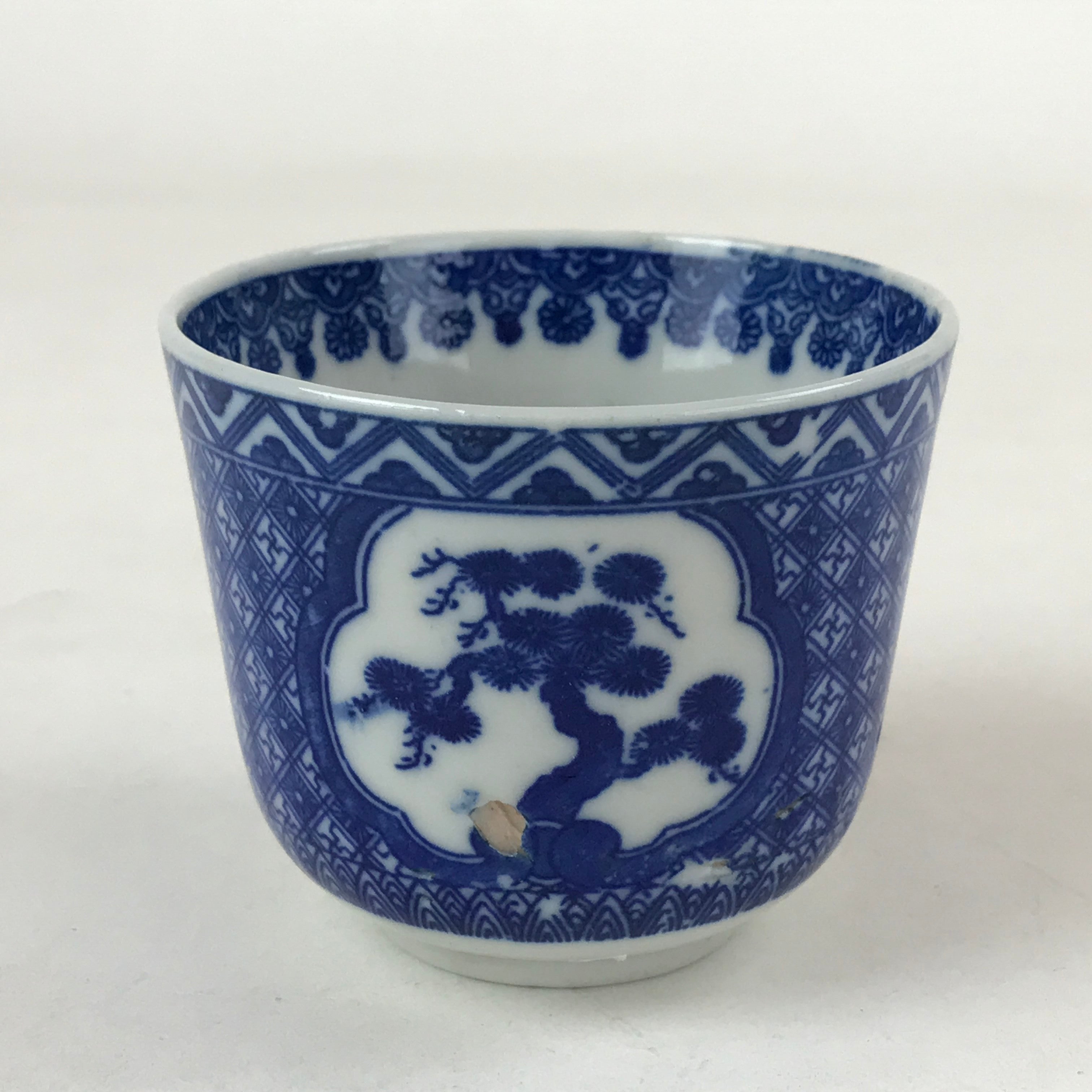 Japanese Ceramic Sometsuke Teacup Vtg Shochikubai White Blue Yunomi Sencha TC420