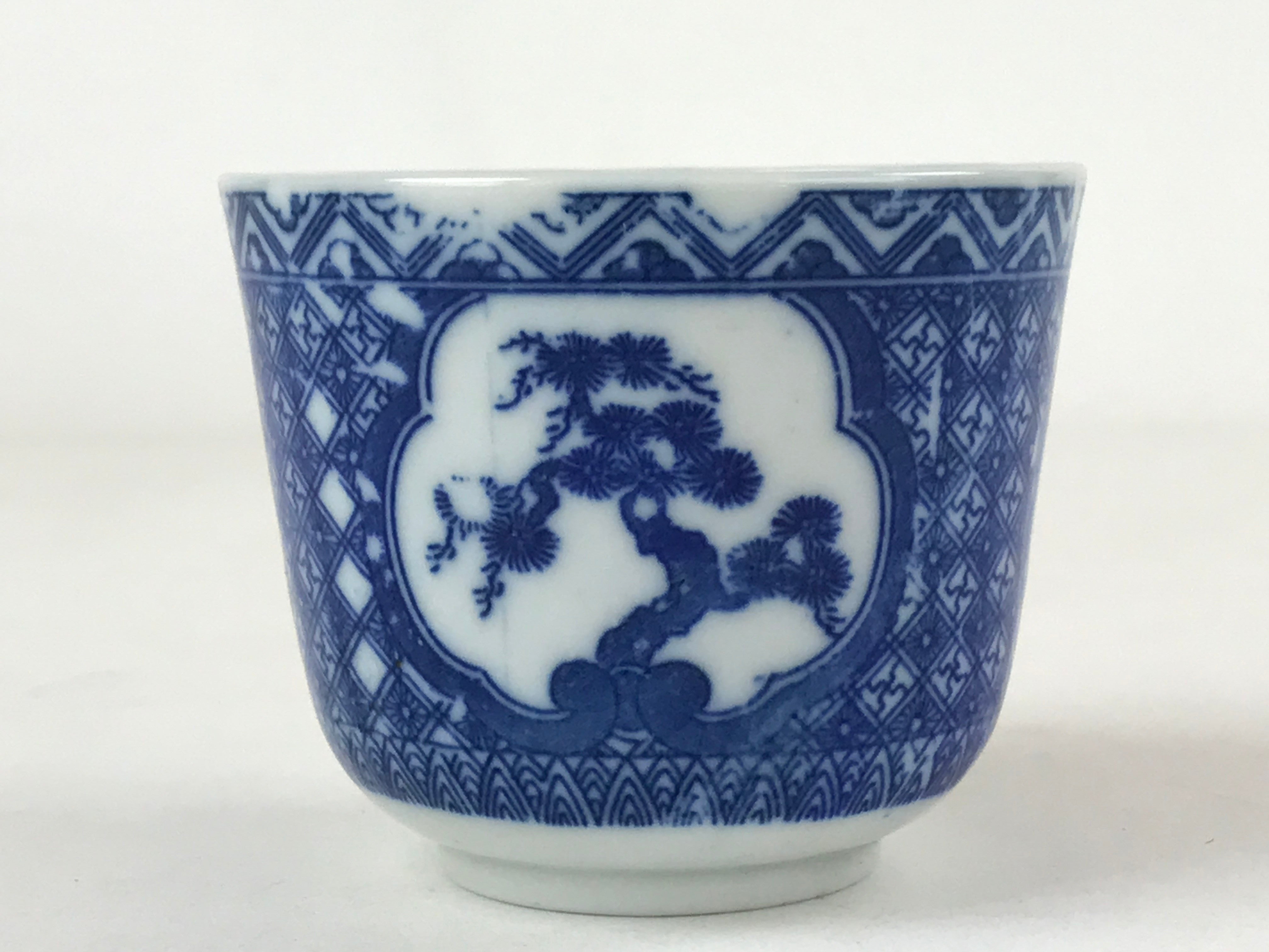 Japanese Ceramic Sometsuke Teacup Vtg Shochikubai White Blue Yunomi Sencha TC421