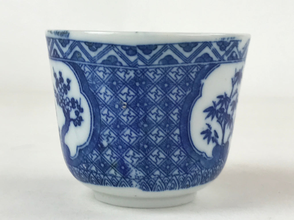 Japanese Ceramic Sometsuke Teacup Vtg Shochikubai White Blue Yunomi Sencha TC421