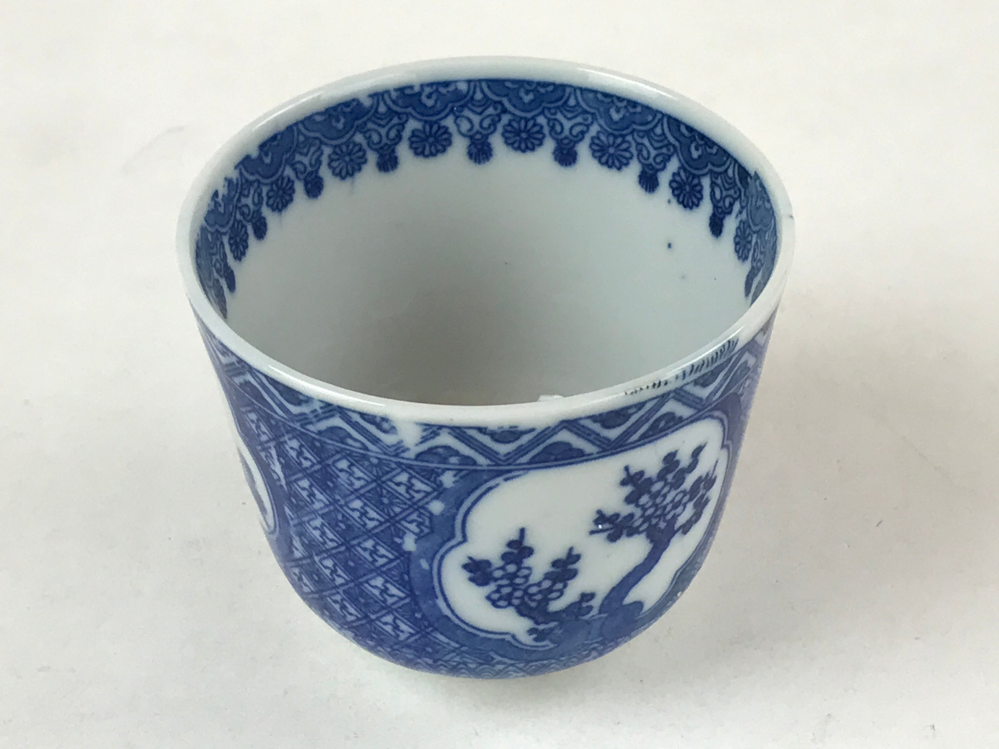 Japanese Ceramic Sometsuke Teacup Vtg Shochikubai White Blue Yunomi Sencha TC421