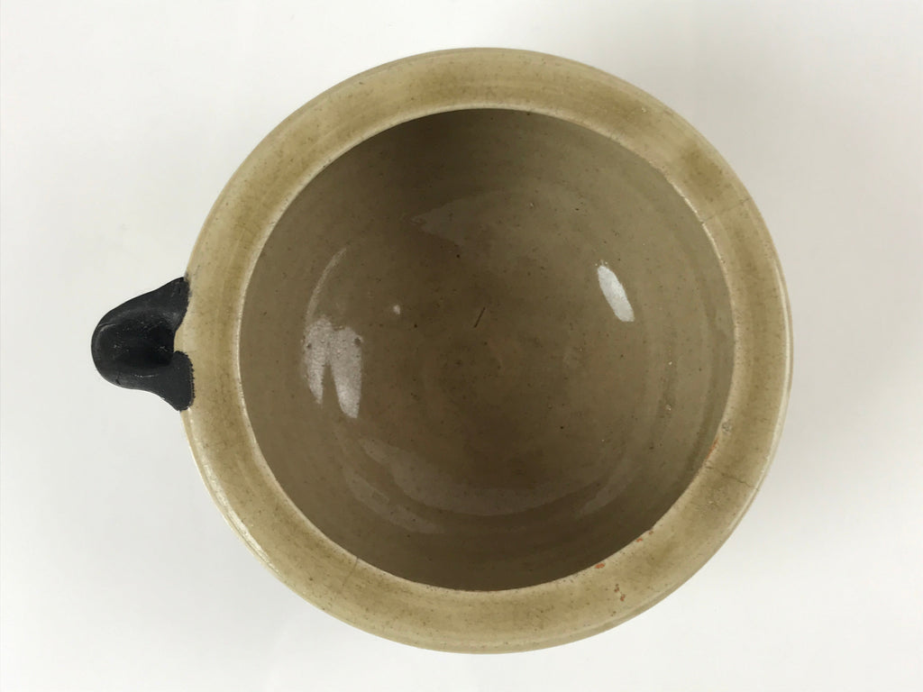 Japanese Ceramic Spouted Bowl Vtg Katakuchi Beige Glaze Black Design PY736