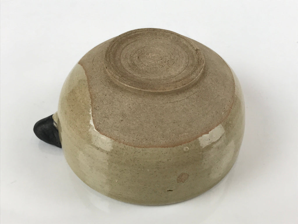 Japanese Ceramic Spouted Bowl Vtg Katakuchi Beige Glaze Black Design PY736