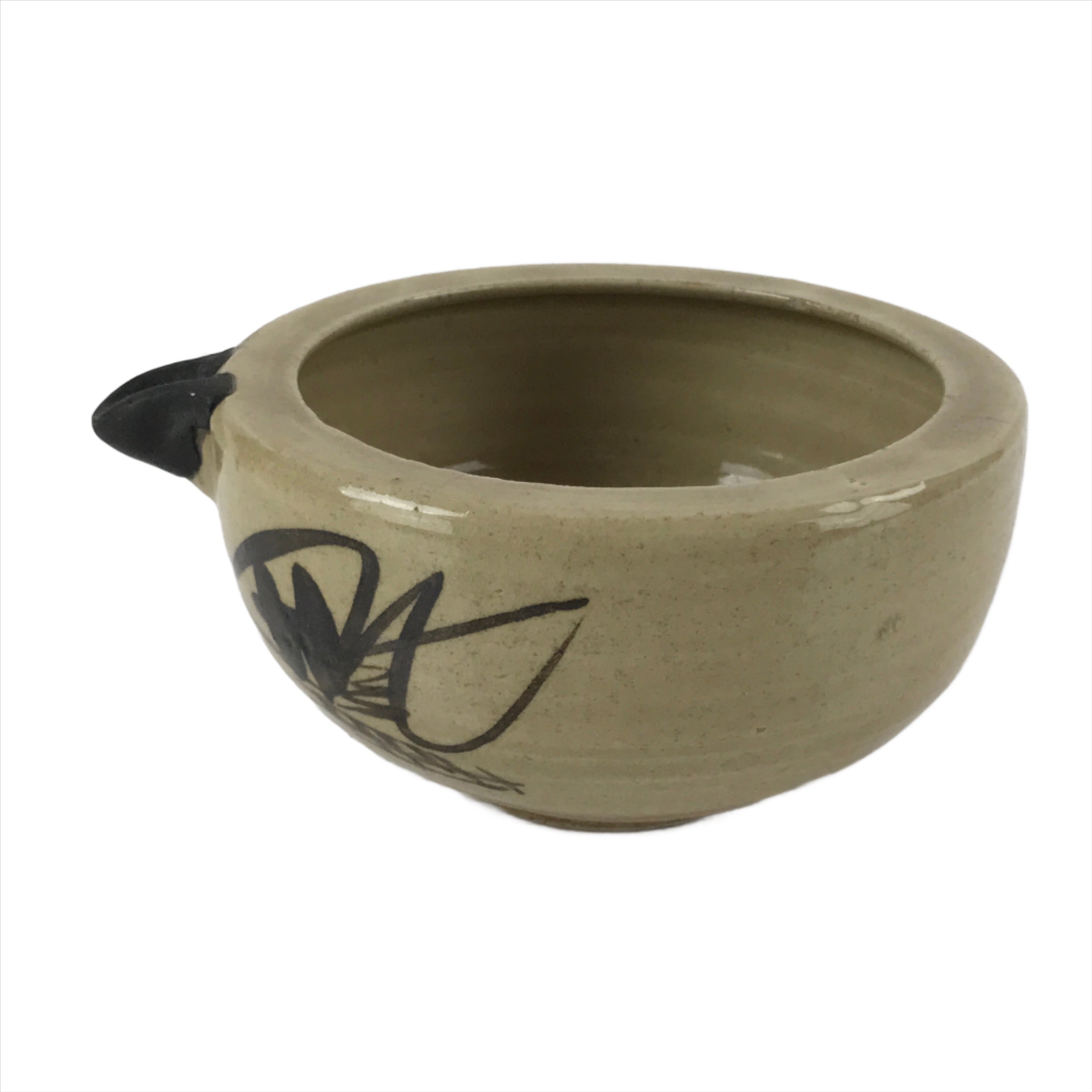 Japanese Ceramic Spouted Bowl Vtg Katakuchi Beige Glaze Black Design PY736