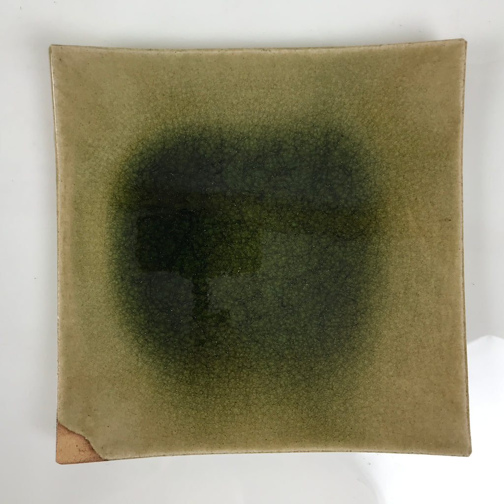 Japanese Ceramic Square Plate Vtg Iga Ware Green Crackle Glaze Wooden Box PX813