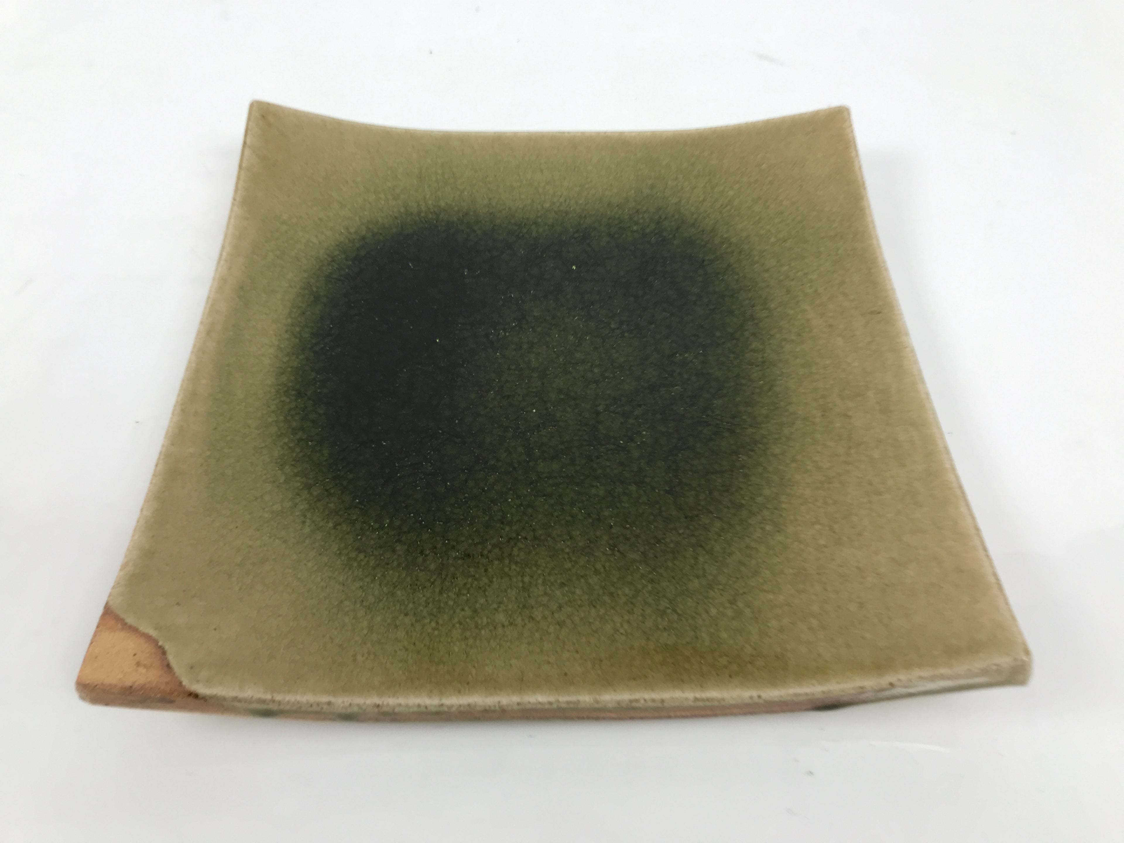 Japanese Ceramic Square Plate Vtg Iga Ware Green Crackle Glaze Wooden Box PX813