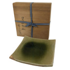 Japanese Ceramic Square Plate Vtg Iga Ware Green Crackle Glaze Wooden Box PX813