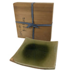 Japanese Ceramic Square Plate Vtg Iga Ware Green Crackle Glaze Wooden Box PX813