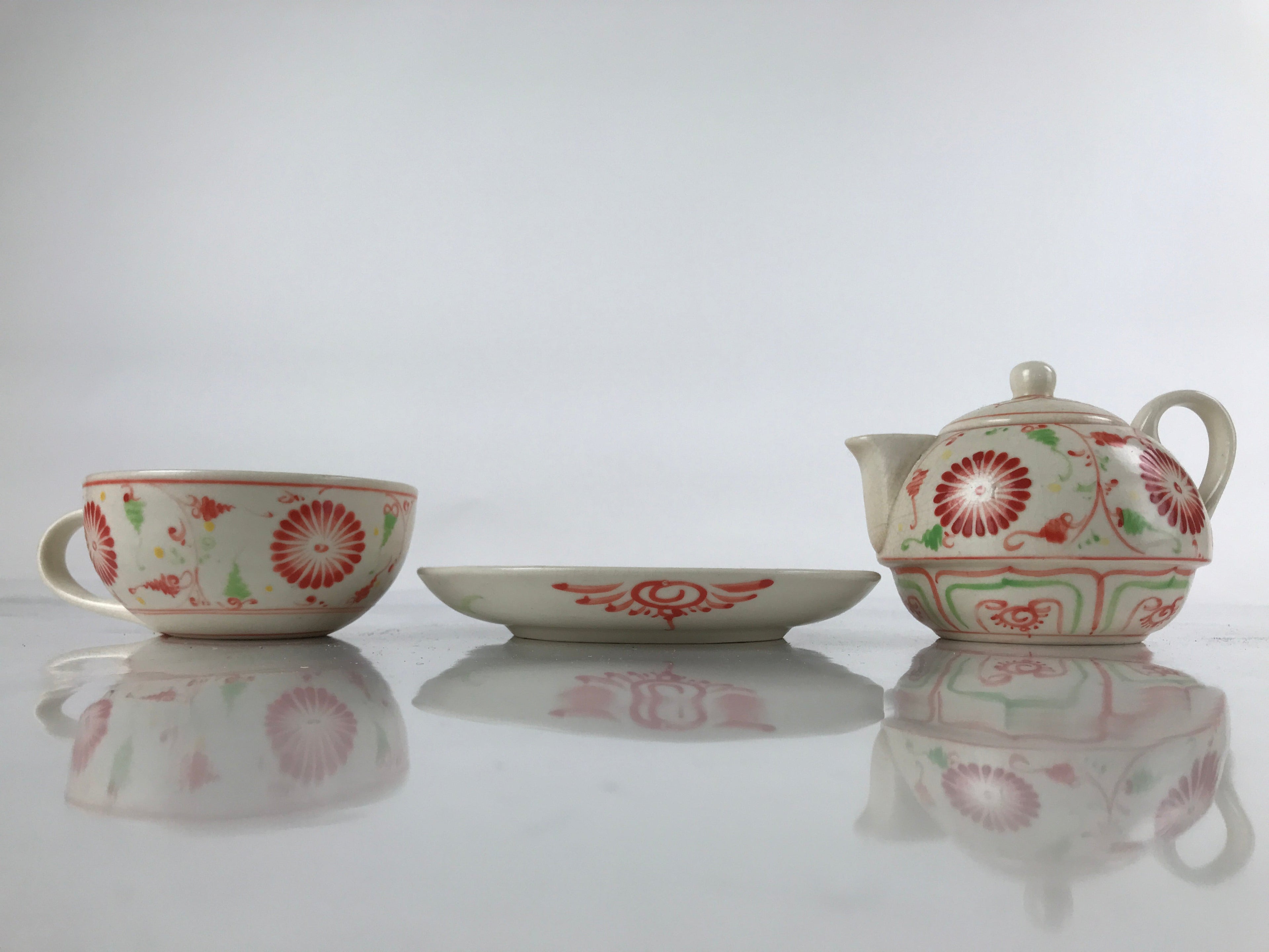 Japanese Ceramic Stacking Lidded Teapot Teacup Saucer Set Floral Beige Red PY717