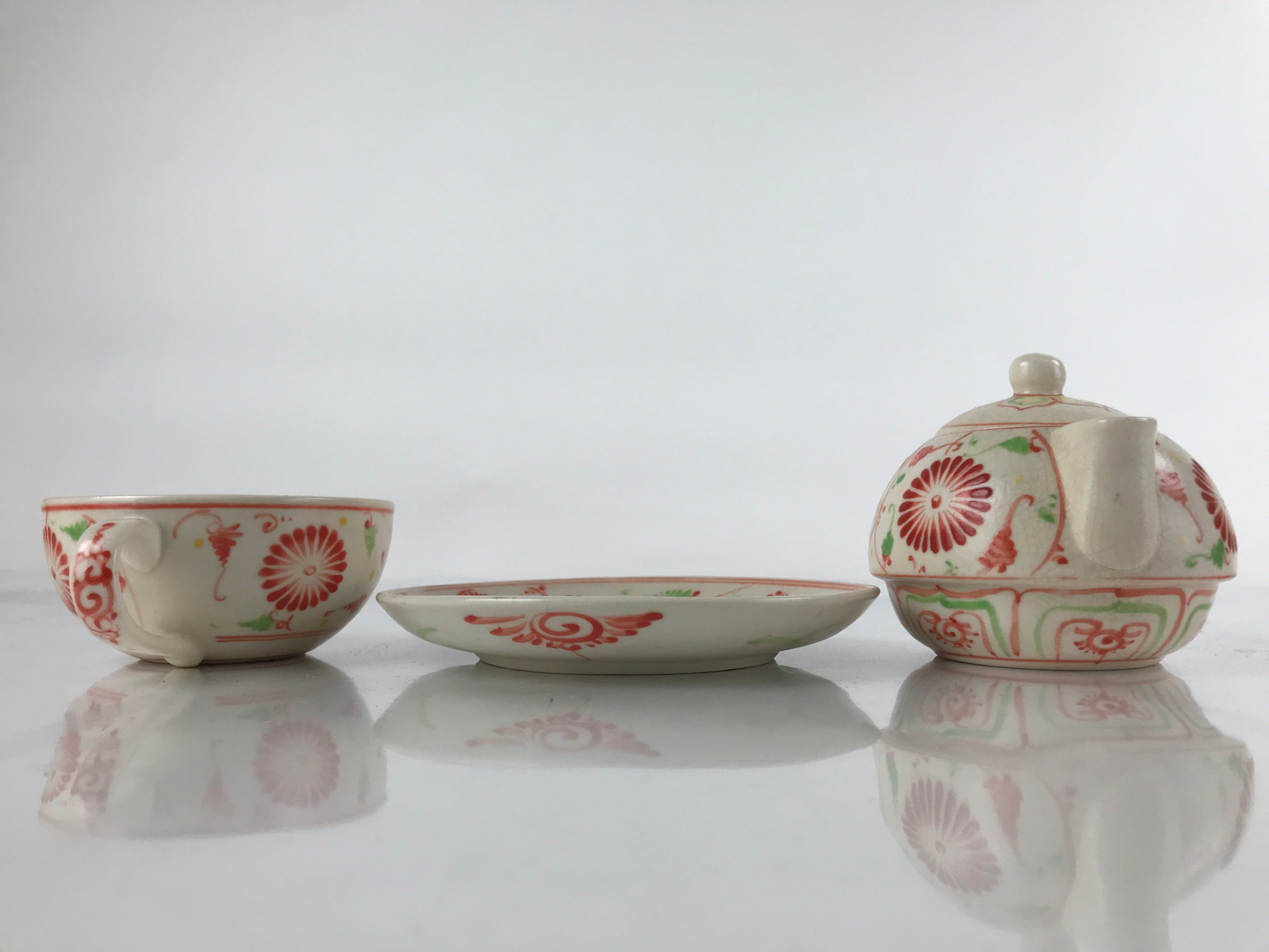 Japanese Ceramic Stacking Lidded Teapot Teacup Saucer Set Floral Beige Red PY717