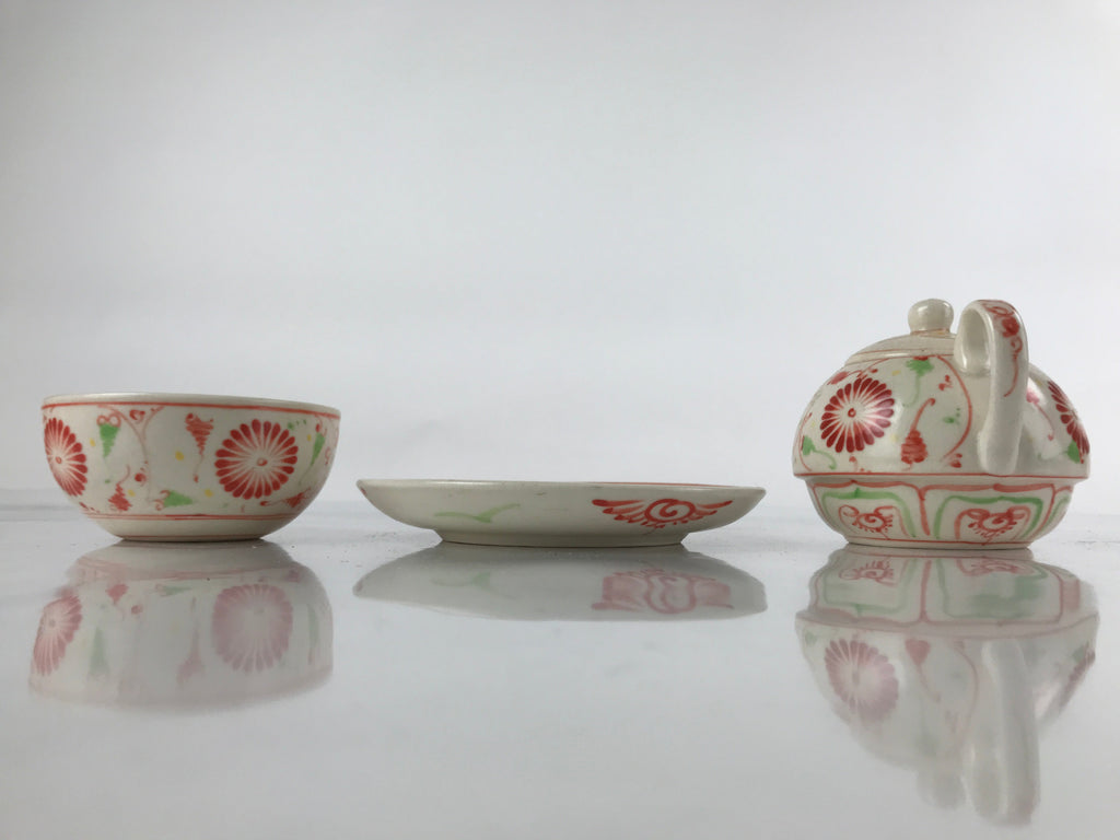 Japanese Ceramic Stacking Lidded Teapot Teacup Saucer Set Floral Beige Red PY717