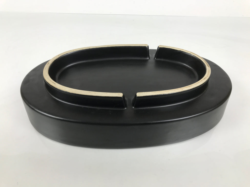 Japanese Ceramic Suiban Flower Vase Pottery Ikebana Accessory Black Oval Y560