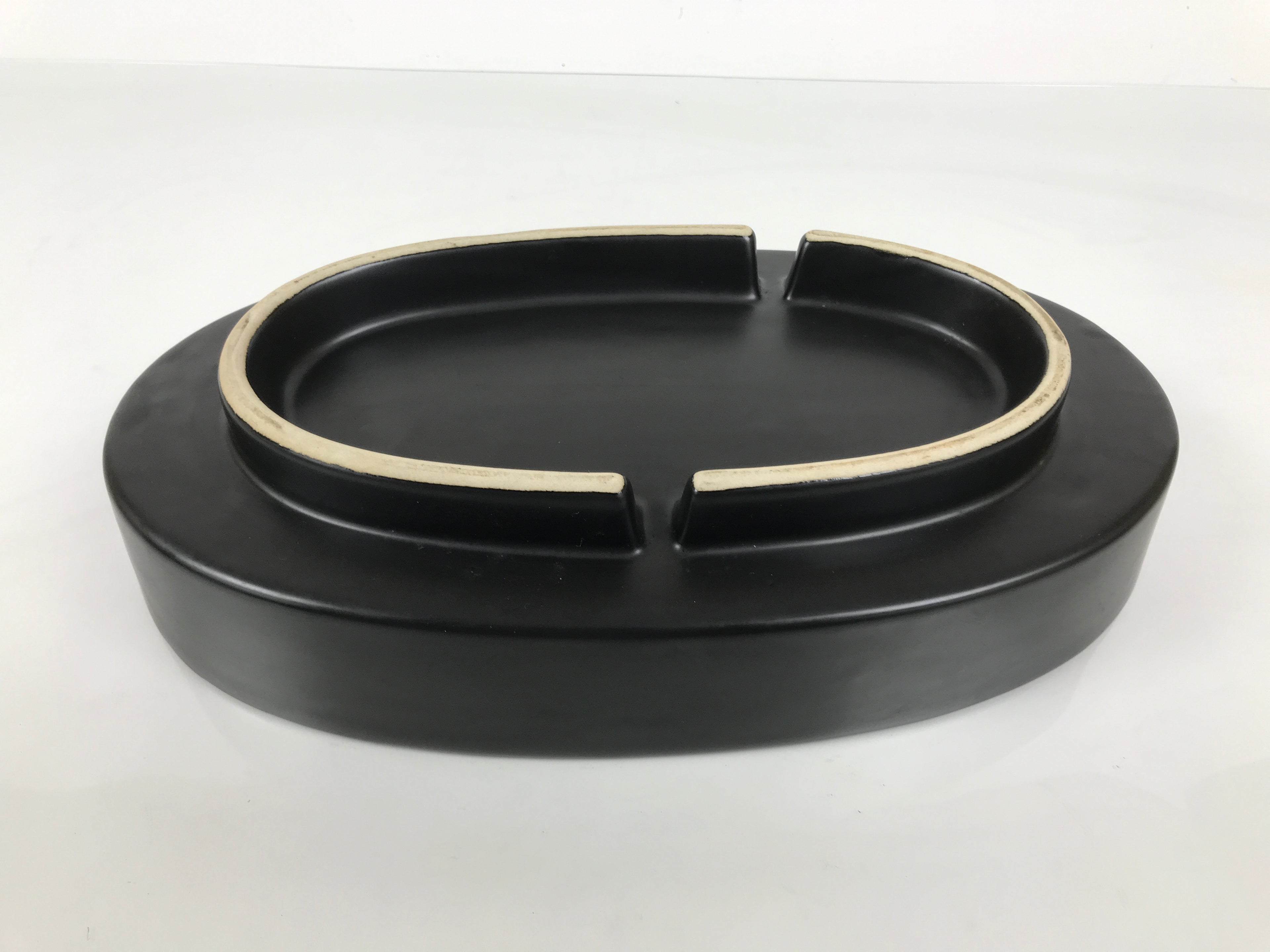 Japanese Ceramic Suiban Flower Vase Pottery Ikebana Accessory Black Oval Y560