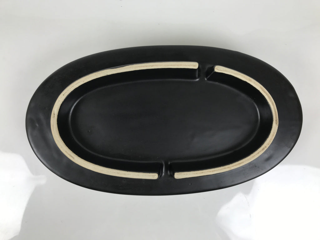 Japanese Ceramic Suiban Flower Vase Pottery Ikebana Accessory Black Oval Y560