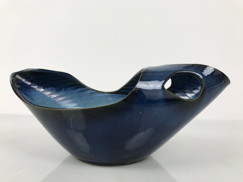 Japanese Ceramic Suiban Flower Vase Pottery Ikebana Accessory Blue Abstract Y532