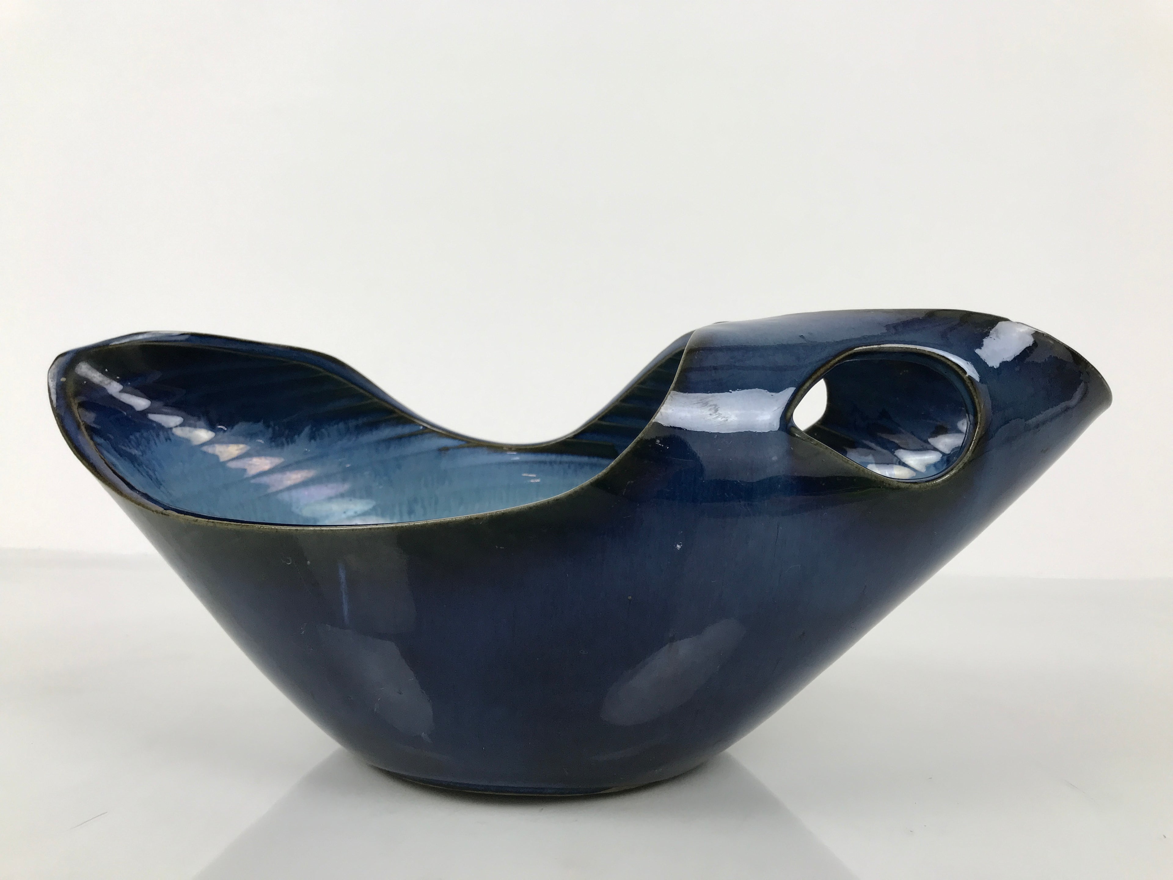 Japanese Ceramic Suiban Flower Vase Pottery Ikebana Accessory Blue Abstract Y532