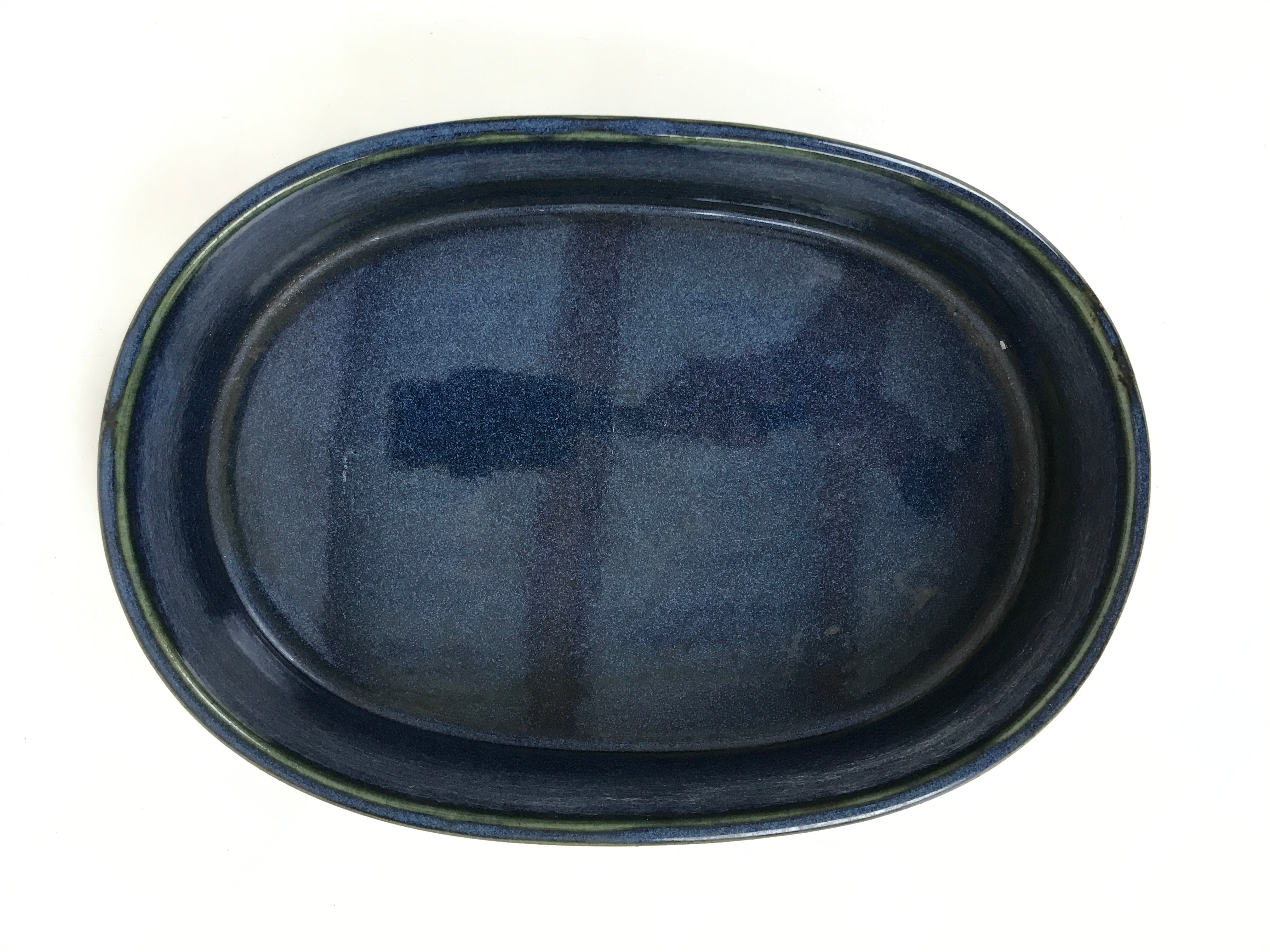 Japanese Ceramic Suiban Flower Vase Pottery Ikebana Arrangement Oval Blue Y408