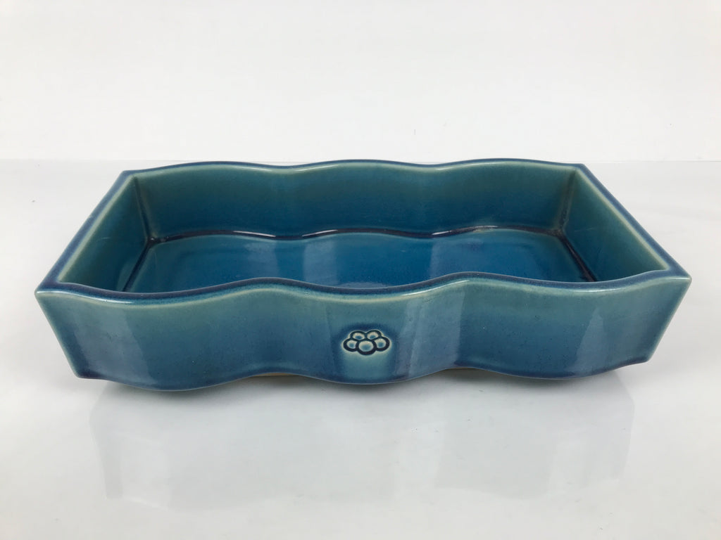 Japanese Ceramic Suiban Flower Vase Vtg Pottery Ikebana Accessory Wavy Blue Y562