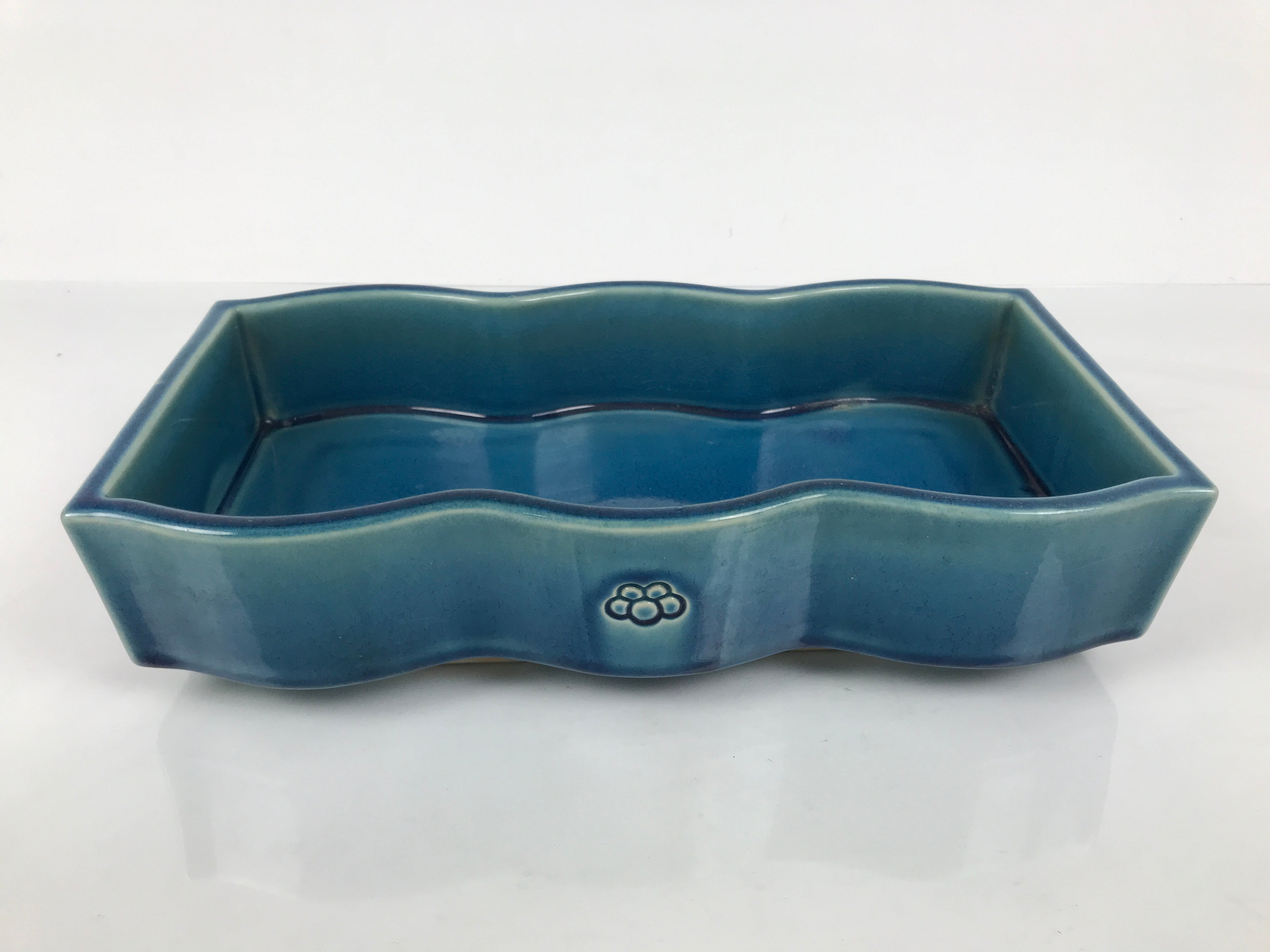 Japanese Ceramic Suiban Flower Vase Vtg Pottery Ikebana Accessory Wavy Blue Y562