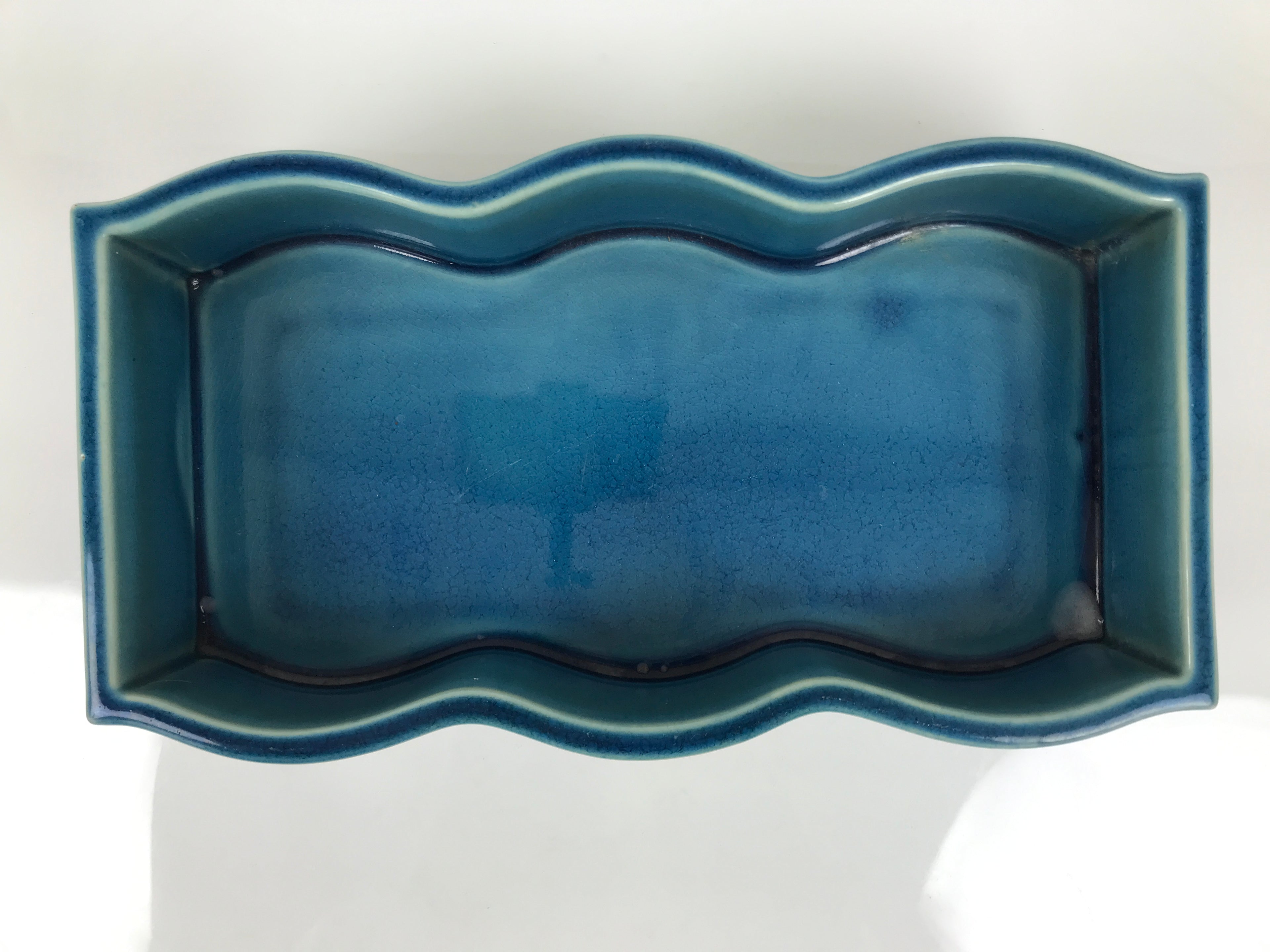 Japanese Ceramic Suiban Flower Vase Vtg Pottery Ikebana Accessory Wavy Blue Y562