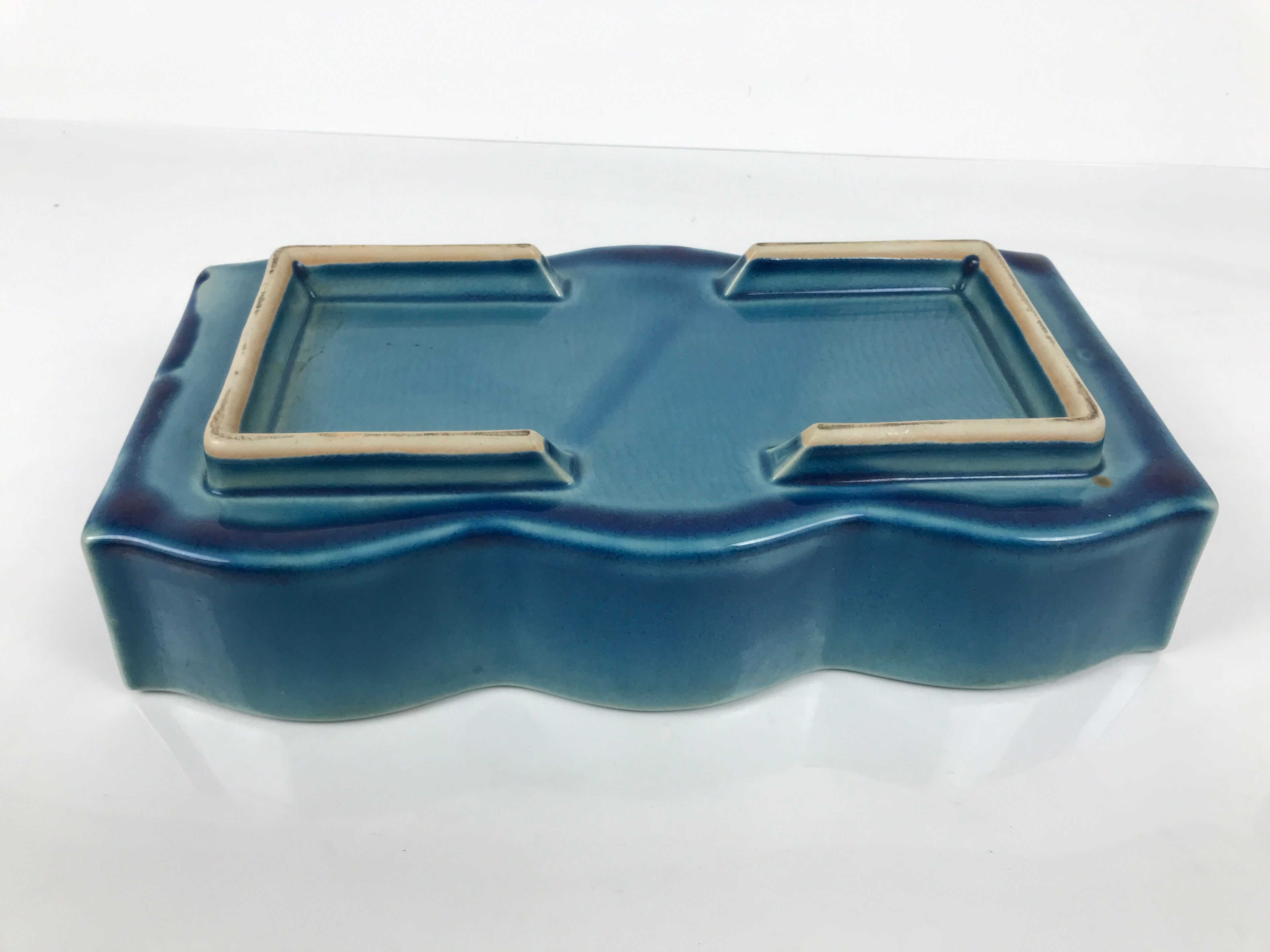Japanese Ceramic Suiban Flower Vase Vtg Pottery Ikebana Accessory Wavy Blue Y562