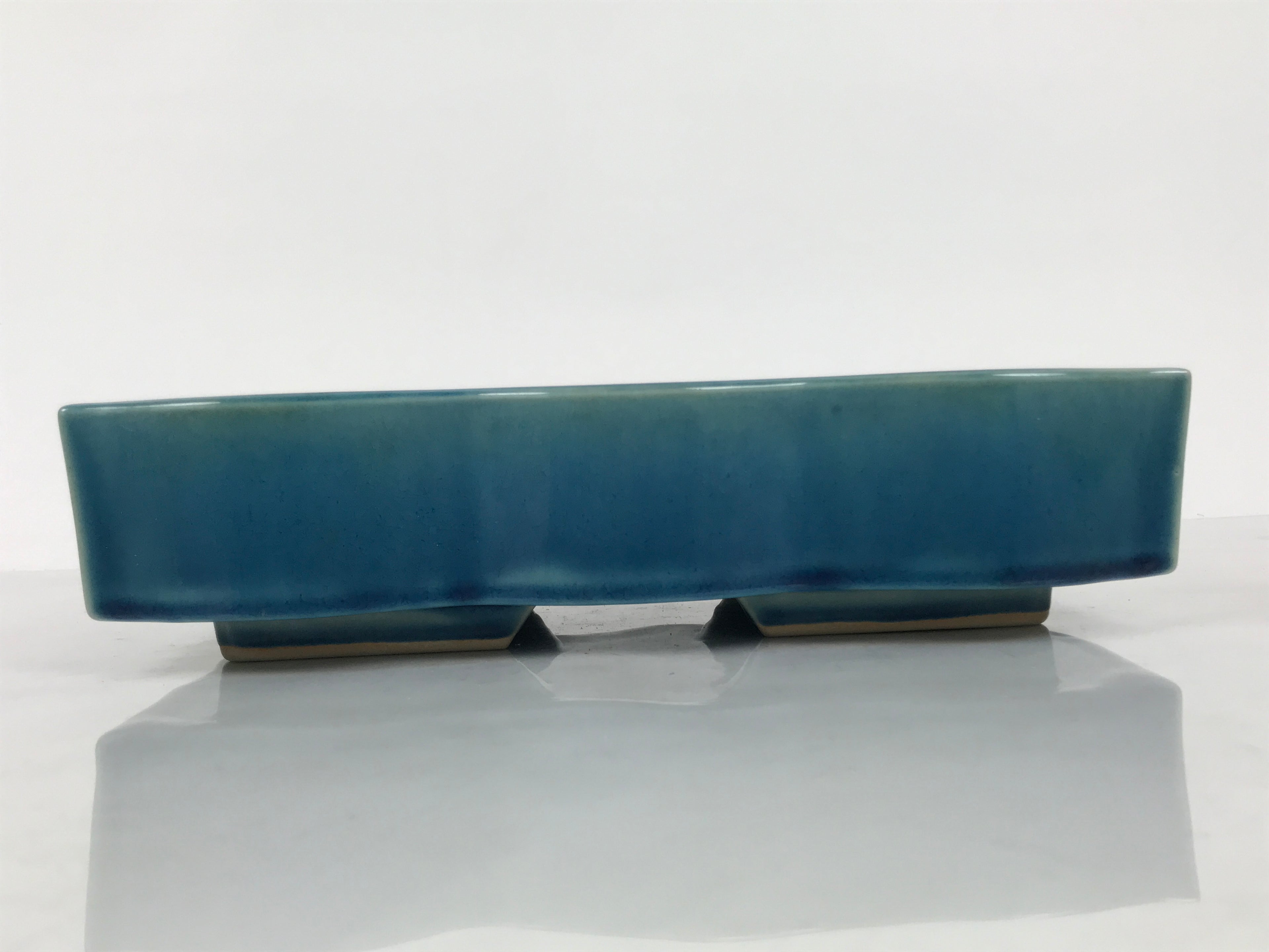 Japanese Ceramic Suiban Flower Vase Vtg Pottery Ikebana Accessory Wavy Blue Y562