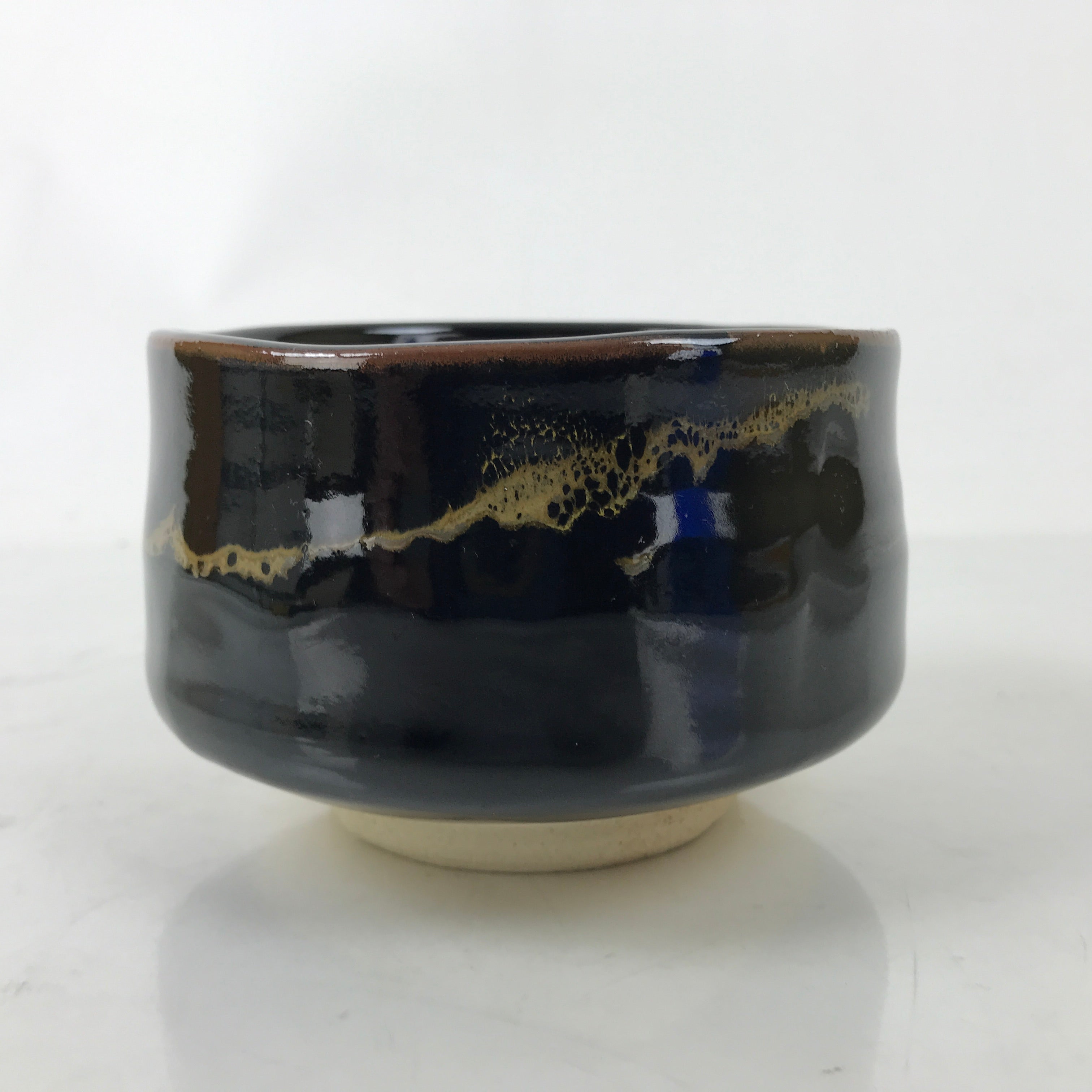 Japanese Ceramic Tea Ceremony Bowl Chawan Vtg Black Raku Pottery w/Box PX764