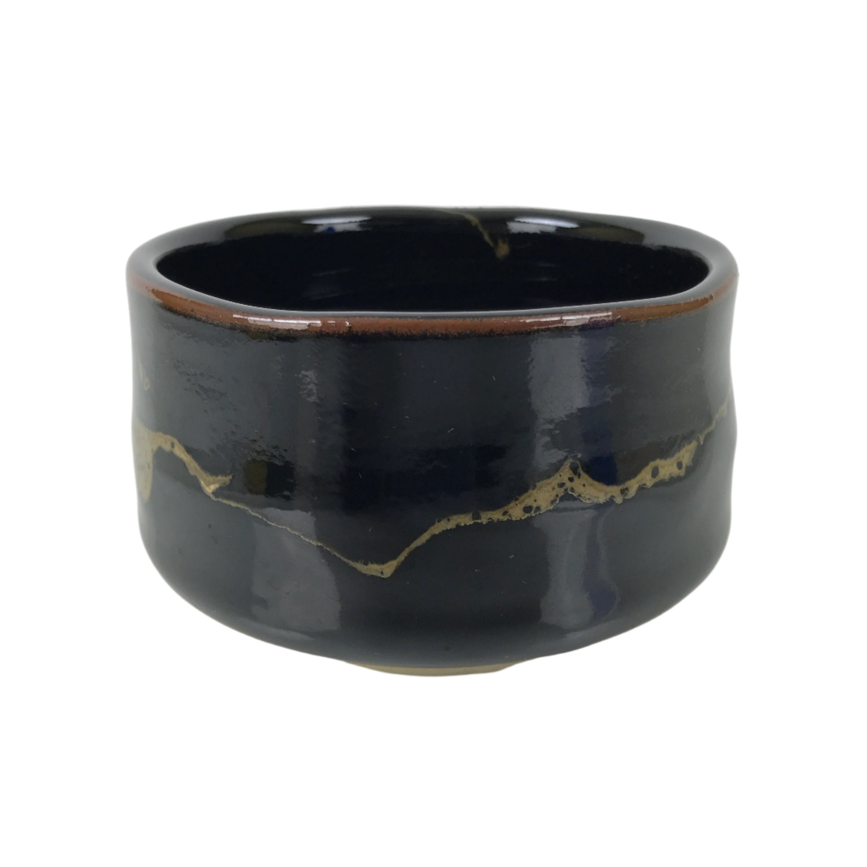 Japanese Ceramic Tea Ceremony Bowl Chawan Vtg Black Raku Pottery w/Box PX764