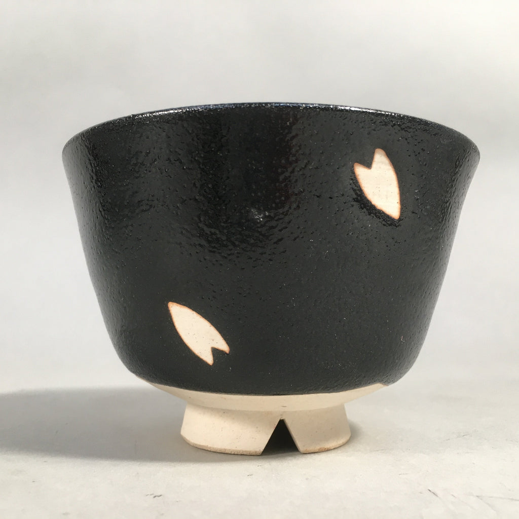 Japanese Ceramic Tea Ceremony Bowl Matcha Chawan Vtg Black Petal Pottery GTB680