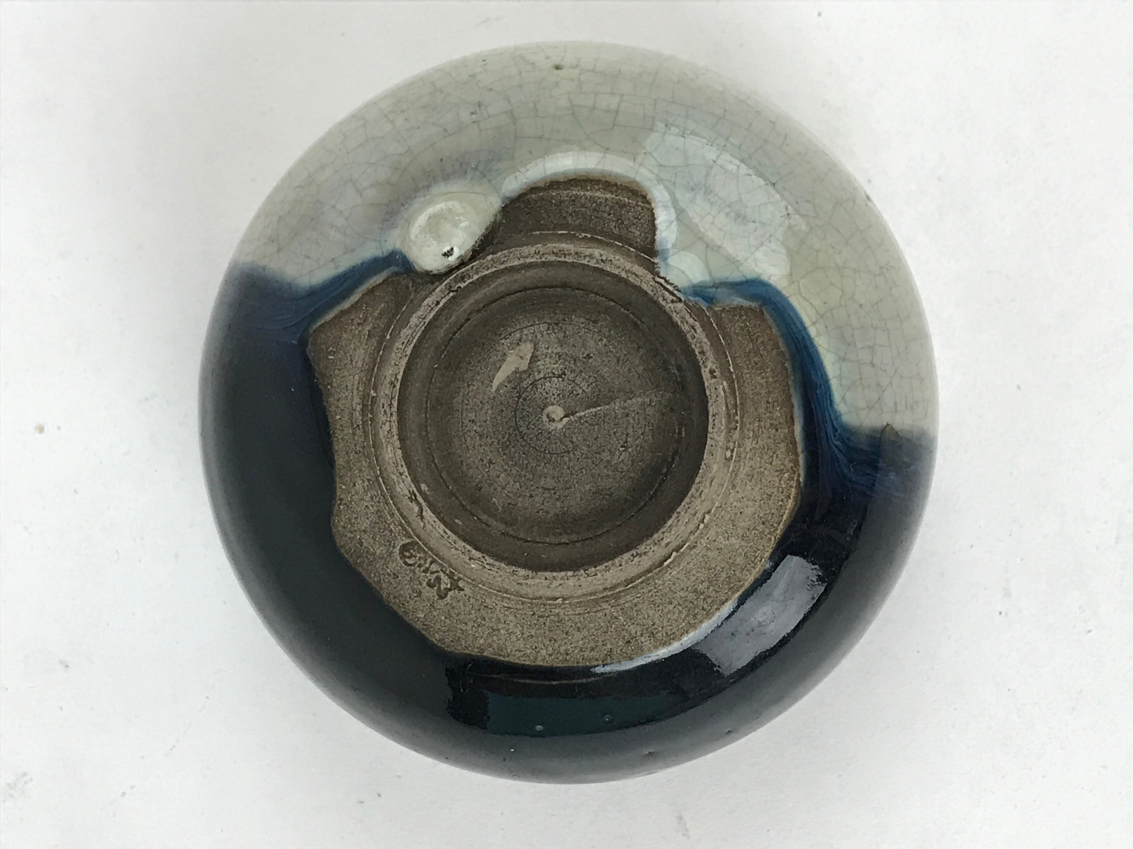 Japanese Ceramic Teacup Vtg Black Blue Grey Crackle Glaze Pottery Yunomi TC383