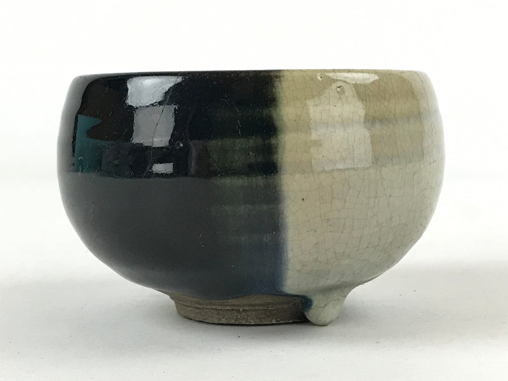 Japanese Ceramic Teacup Vtg Black Blue Grey Crackle Glaze Pottery Yunomi TC383