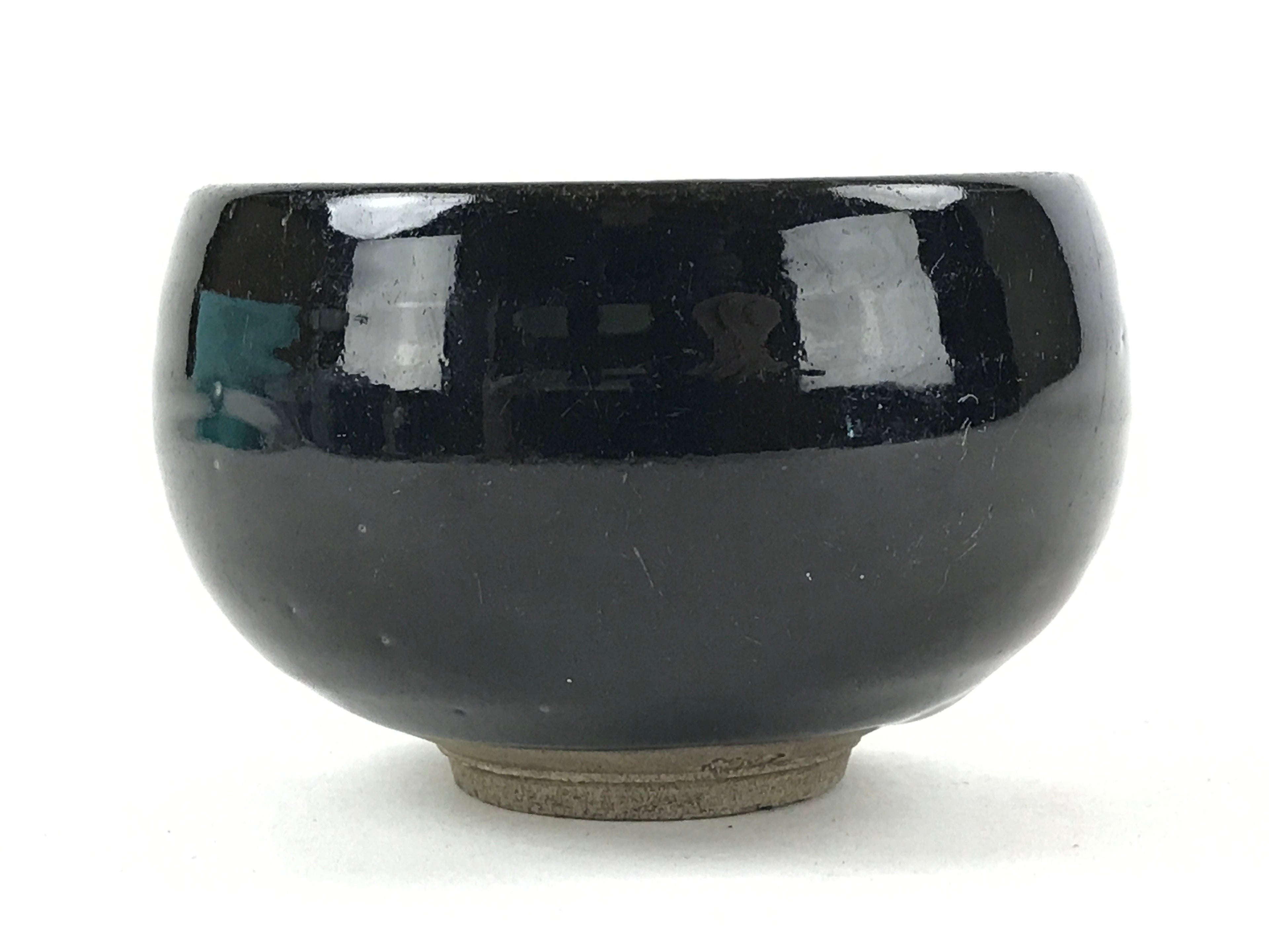 Japanese Ceramic Teacup Vtg Black Blue Grey Crackle Glaze Pottery Yunomi TC383