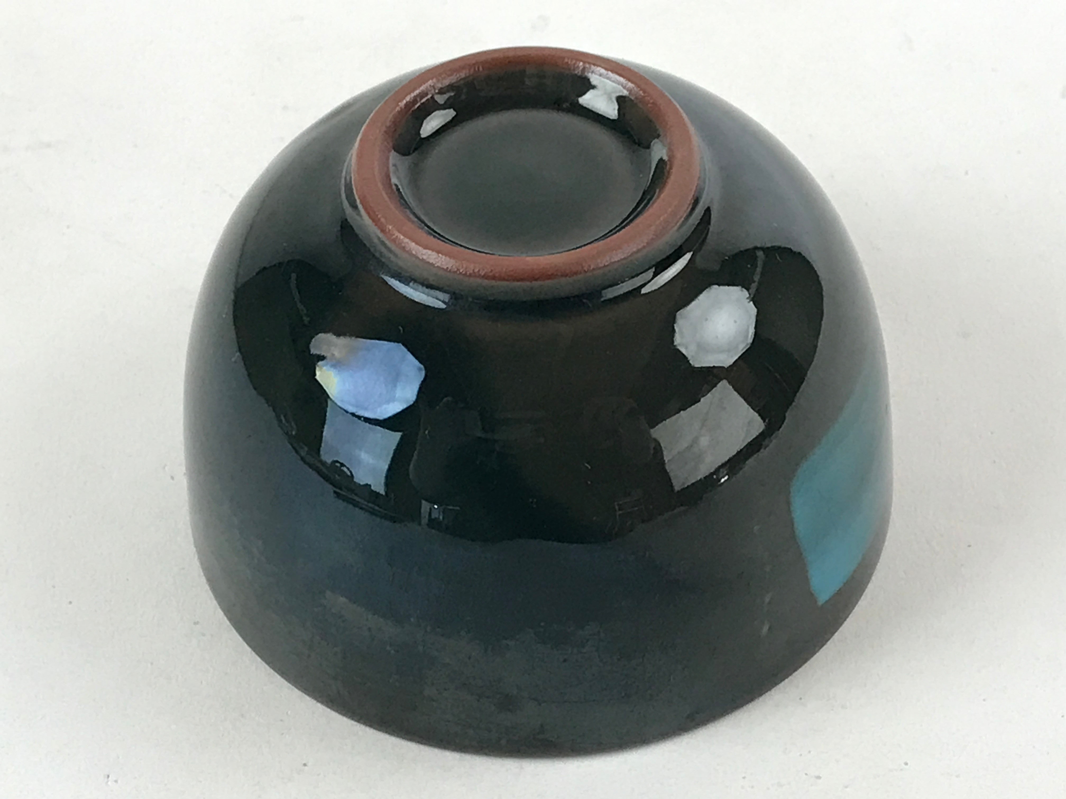 Japanese Ceramic Teacup Vtg Dark Brown Turquoise Mino Ware Yunomi Sencha TC396