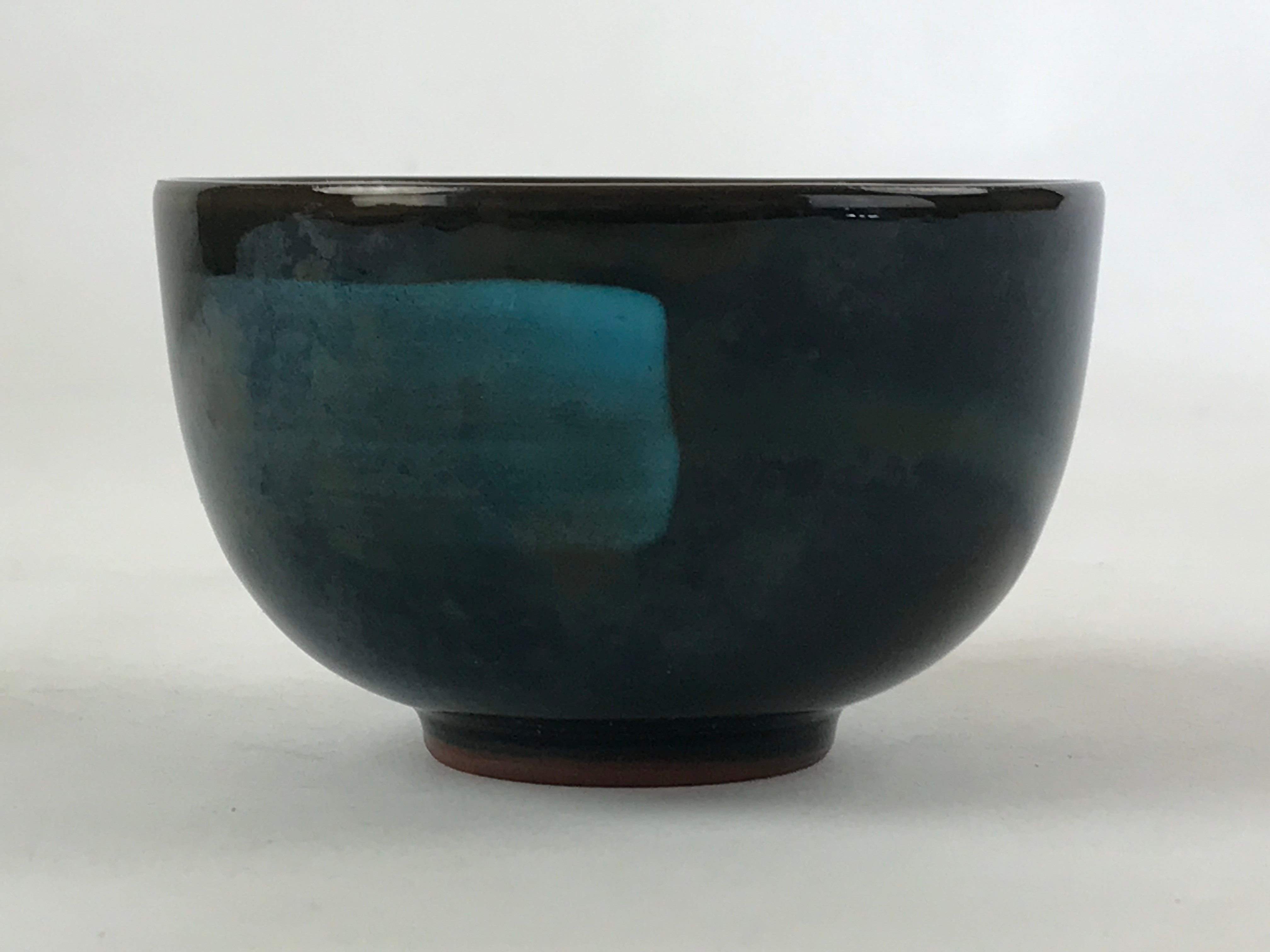 Japanese Ceramic Teacup Vtg Dark Brown Turquoise Mino Ware Yunomi Sencha TC397