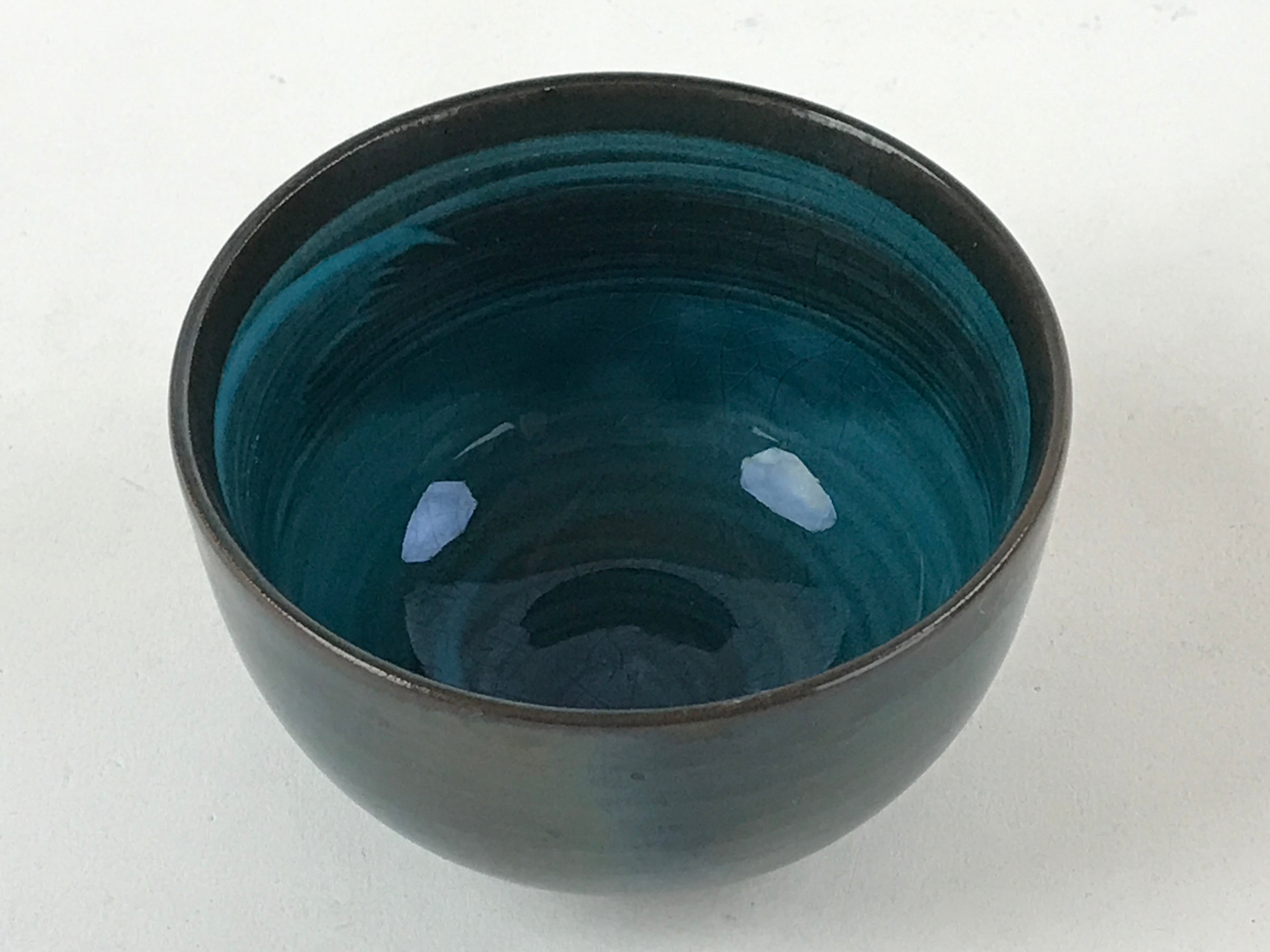Japanese Ceramic Teacup Vtg Dark Brown Turquoise Mino Ware Yunomi Sencha TC399