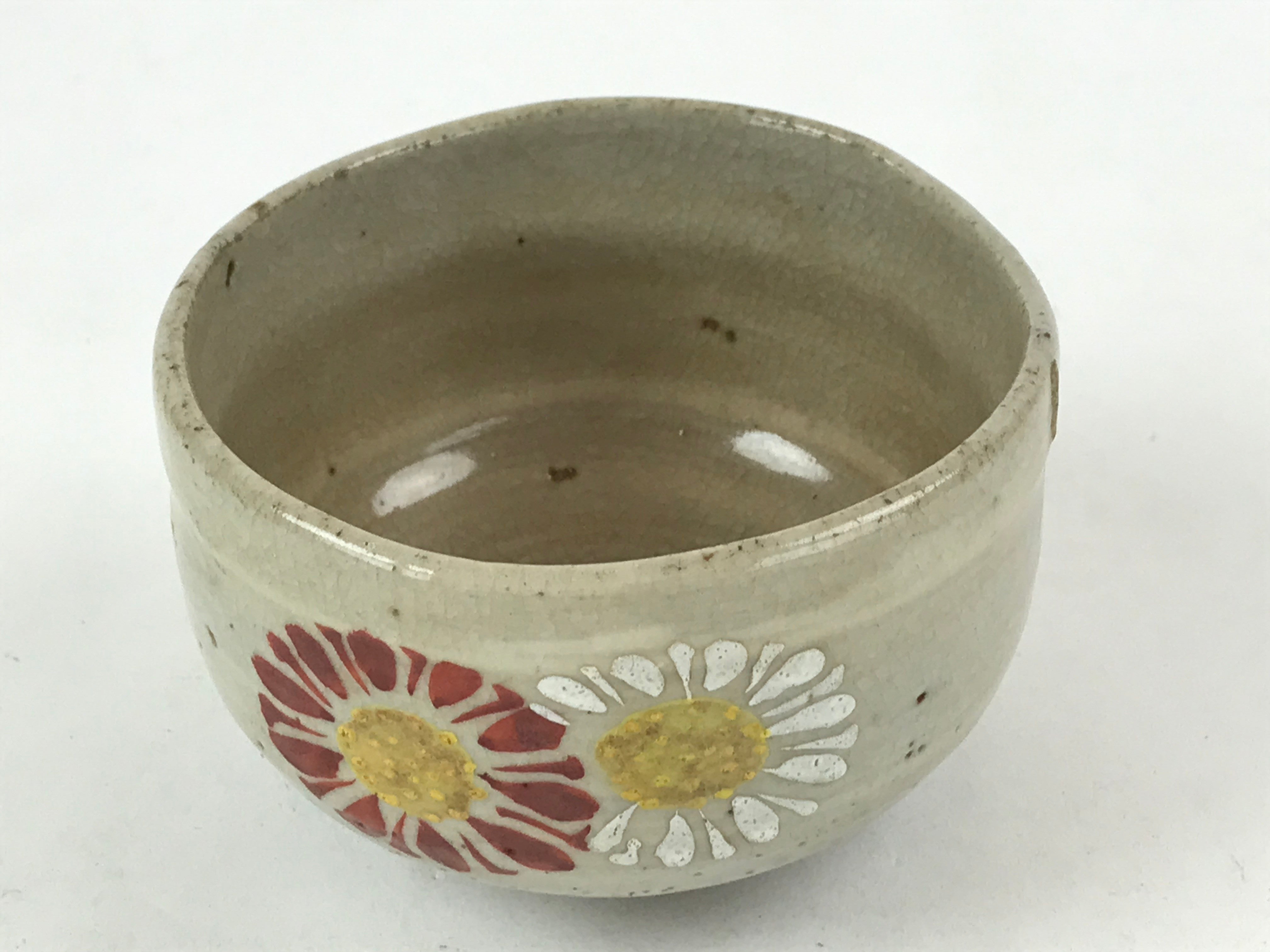 Japanese Ceramic Teacup Vtg Flower Design Gray Brown Pottery Yunomi TC382