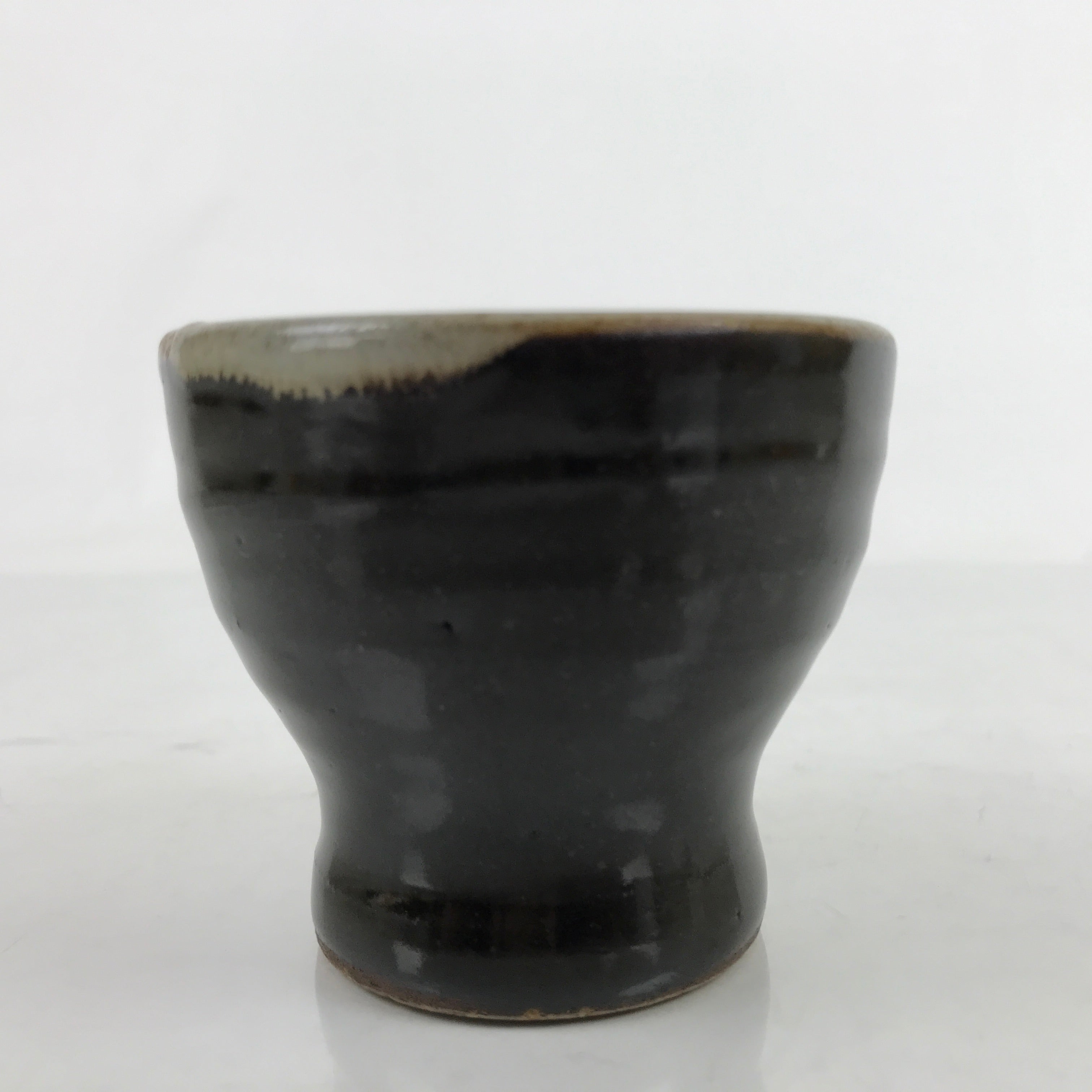 Japanese Ceramic Teacup Vtg Footed Black Gray Yakimono Yunomi Sencha TC476