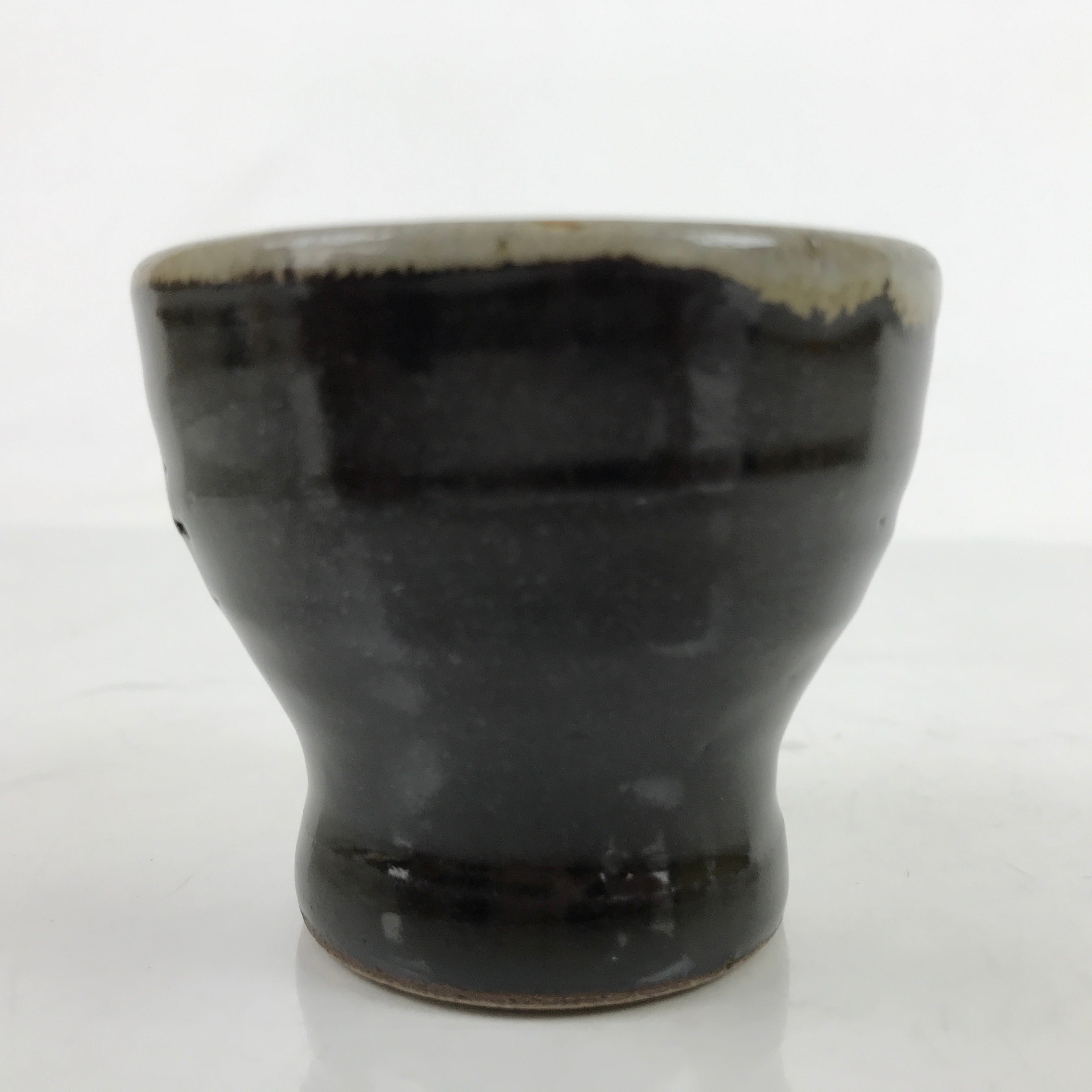 Japanese Ceramic Teacup Vtg Footed Black Gray Yakimono Yunomi Sencha TC476