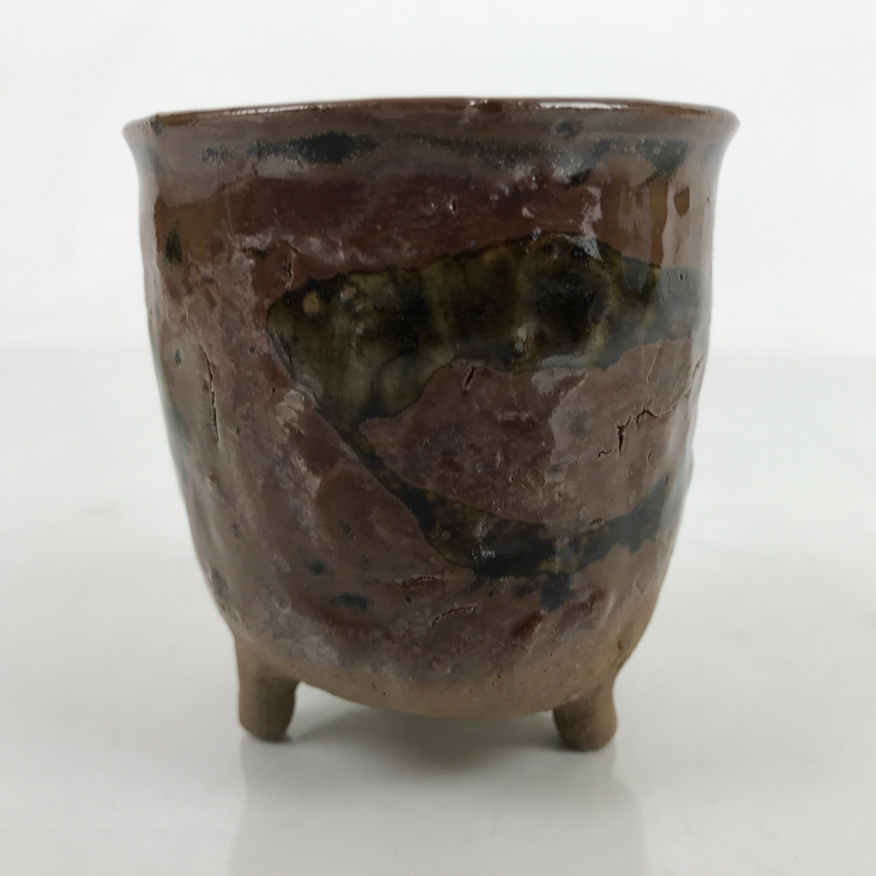 Japanese Ceramic Teacup Vtg Footed Rustic Brown Gray Yakimono Yunomi TC473