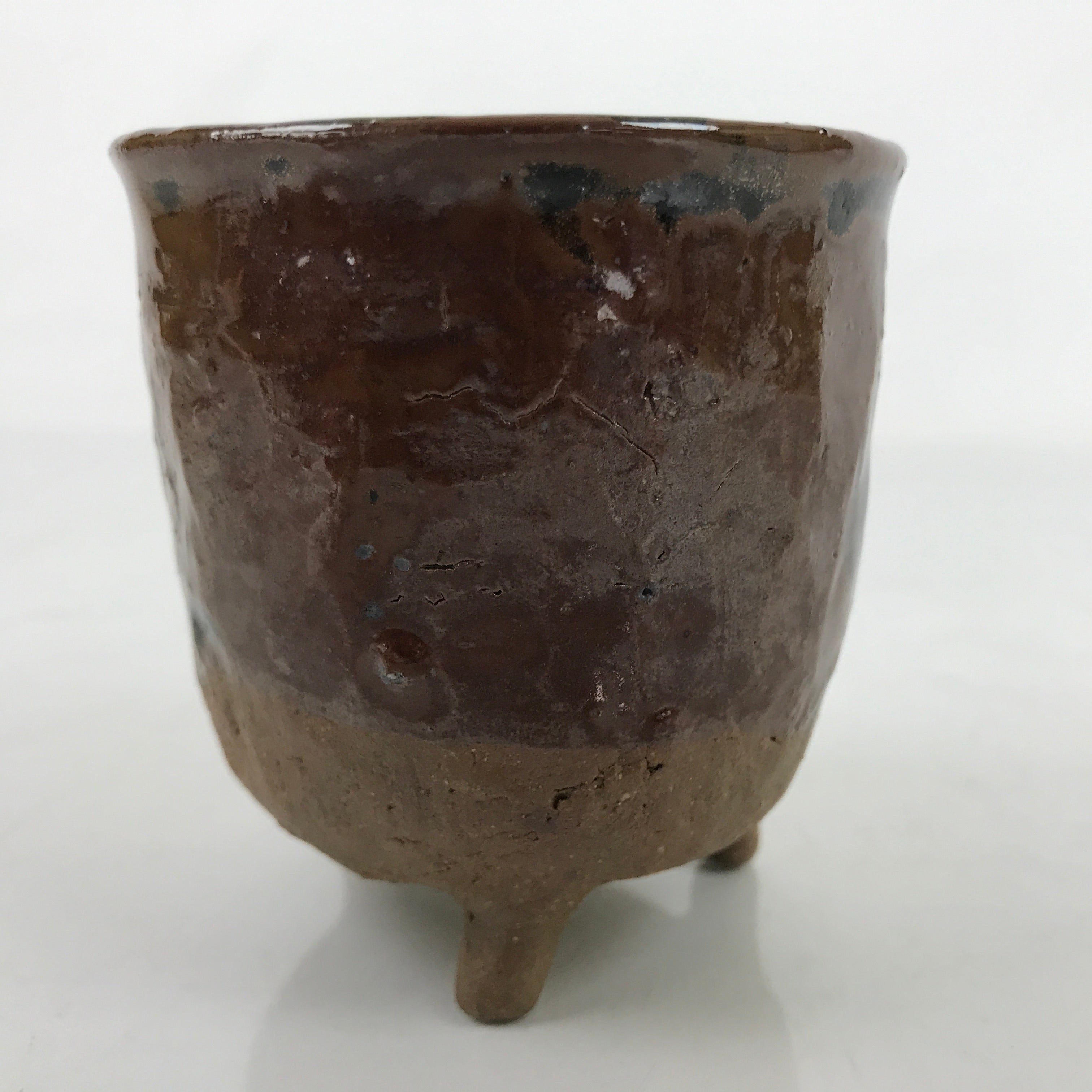 Japanese Ceramic Teacup Vtg Footed Rustic Brown Gray Yakimono Yunomi TC473