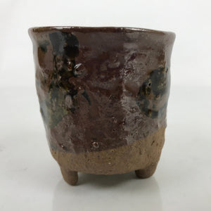 Japanese Ceramic Teacup Vtg Footed Rustic Brown Gray Yakimono Yunomi TC474