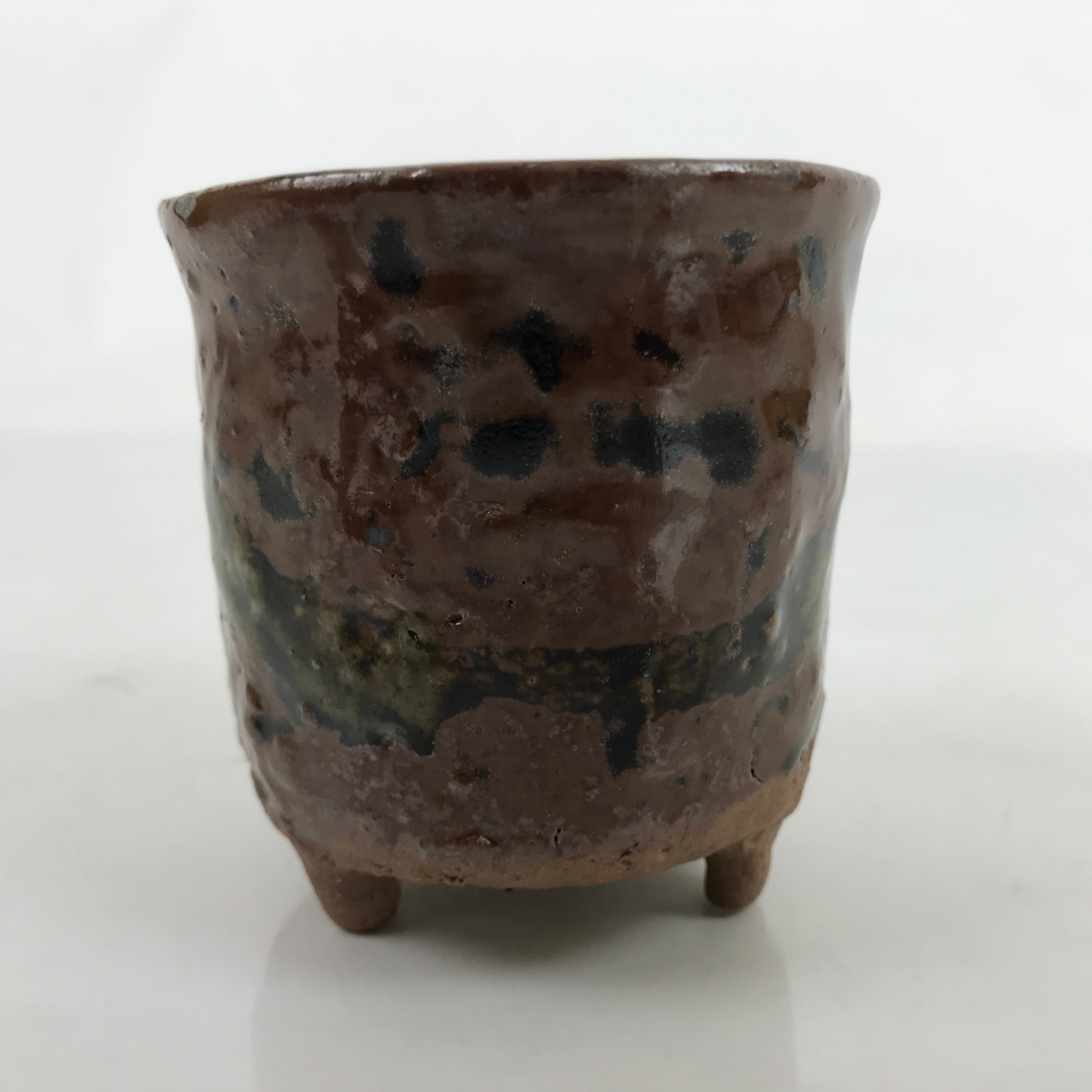 Japanese Ceramic Teacup Vtg Footed Rustic Brown Gray Yakimono Yunomi TC474