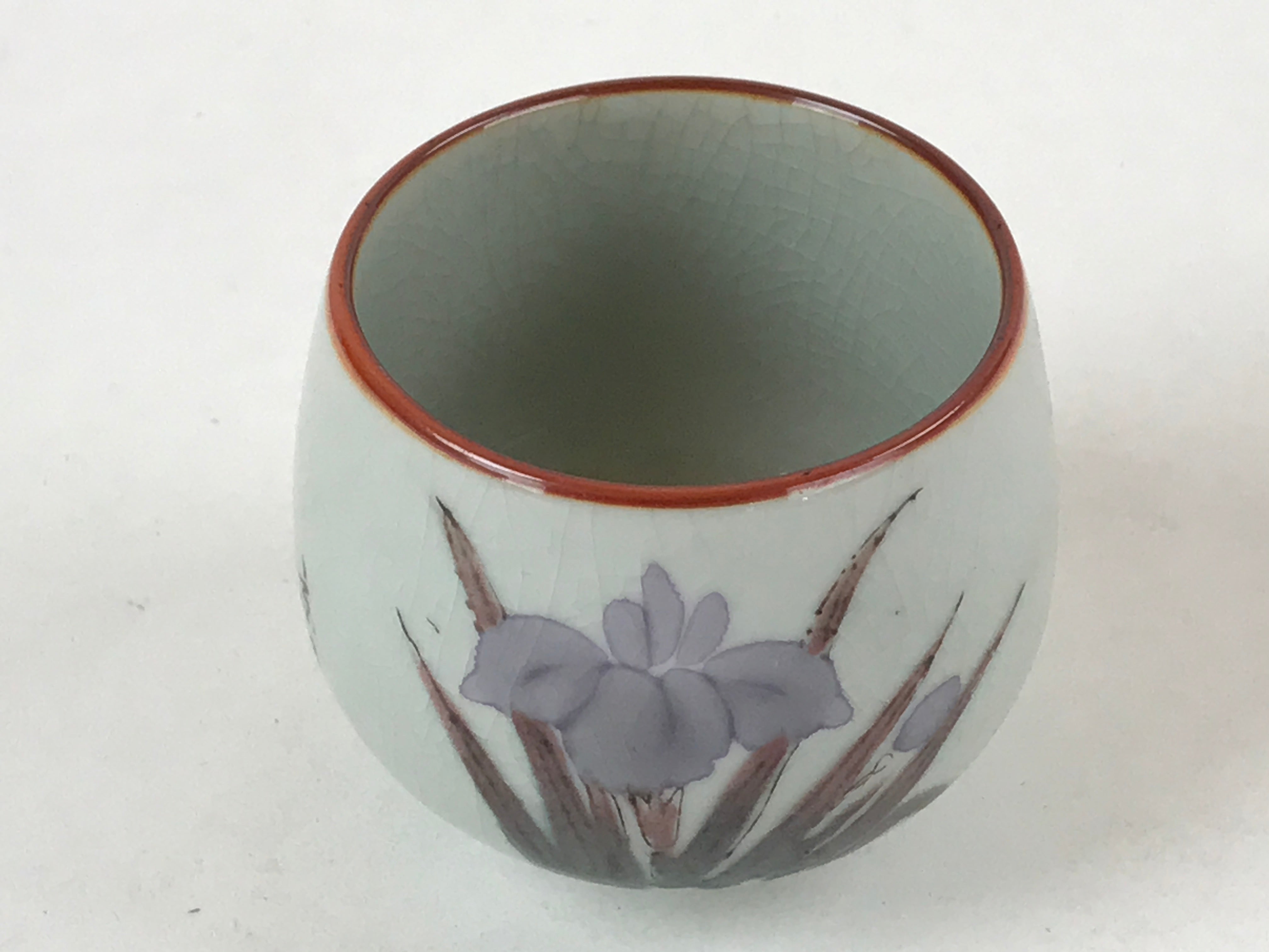 Japanese Ceramic Teacup Vtg Iris Flower Crackle Glaze White Yunomi Sencha TC402