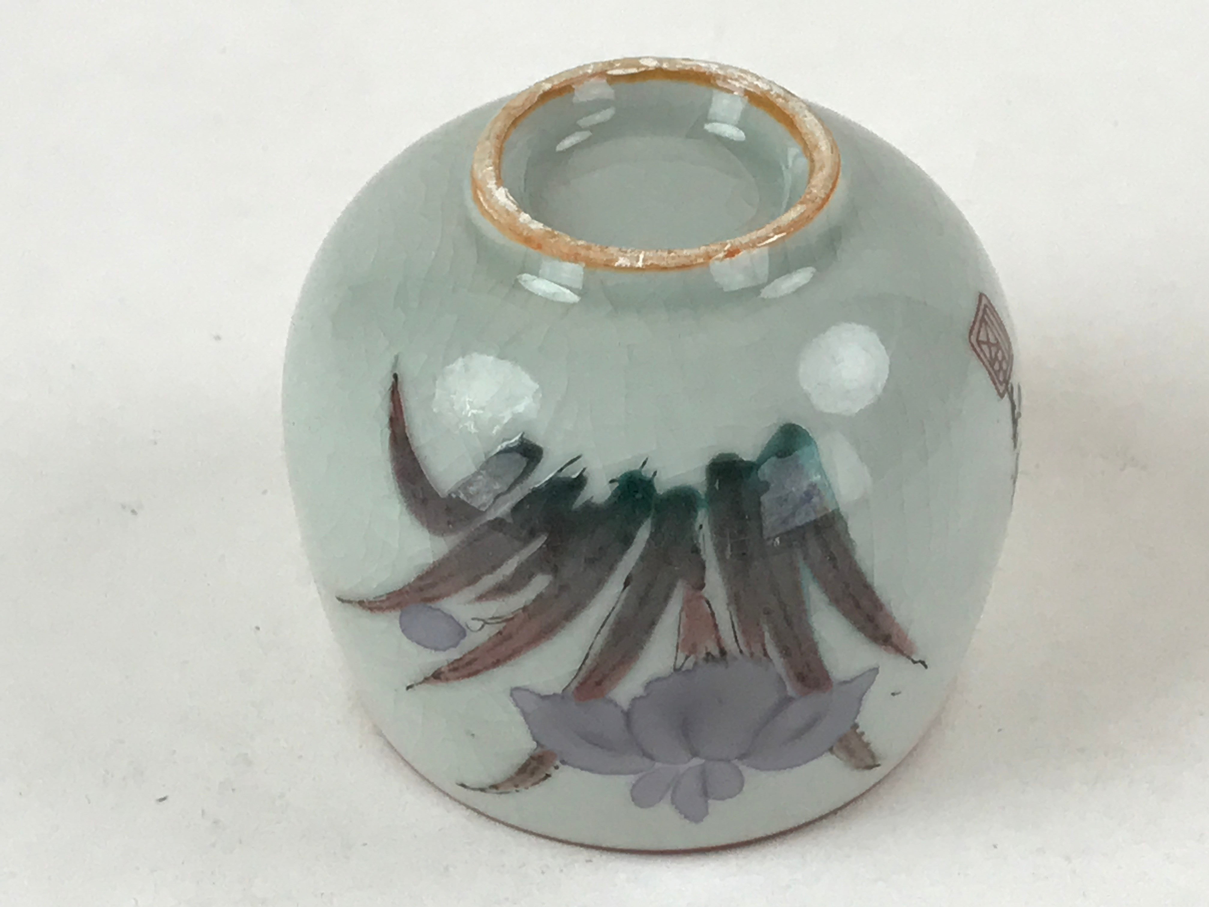 Japanese Ceramic Teacup Vtg Iris Flower Crackle Glaze White Yunomi Sencha TC402