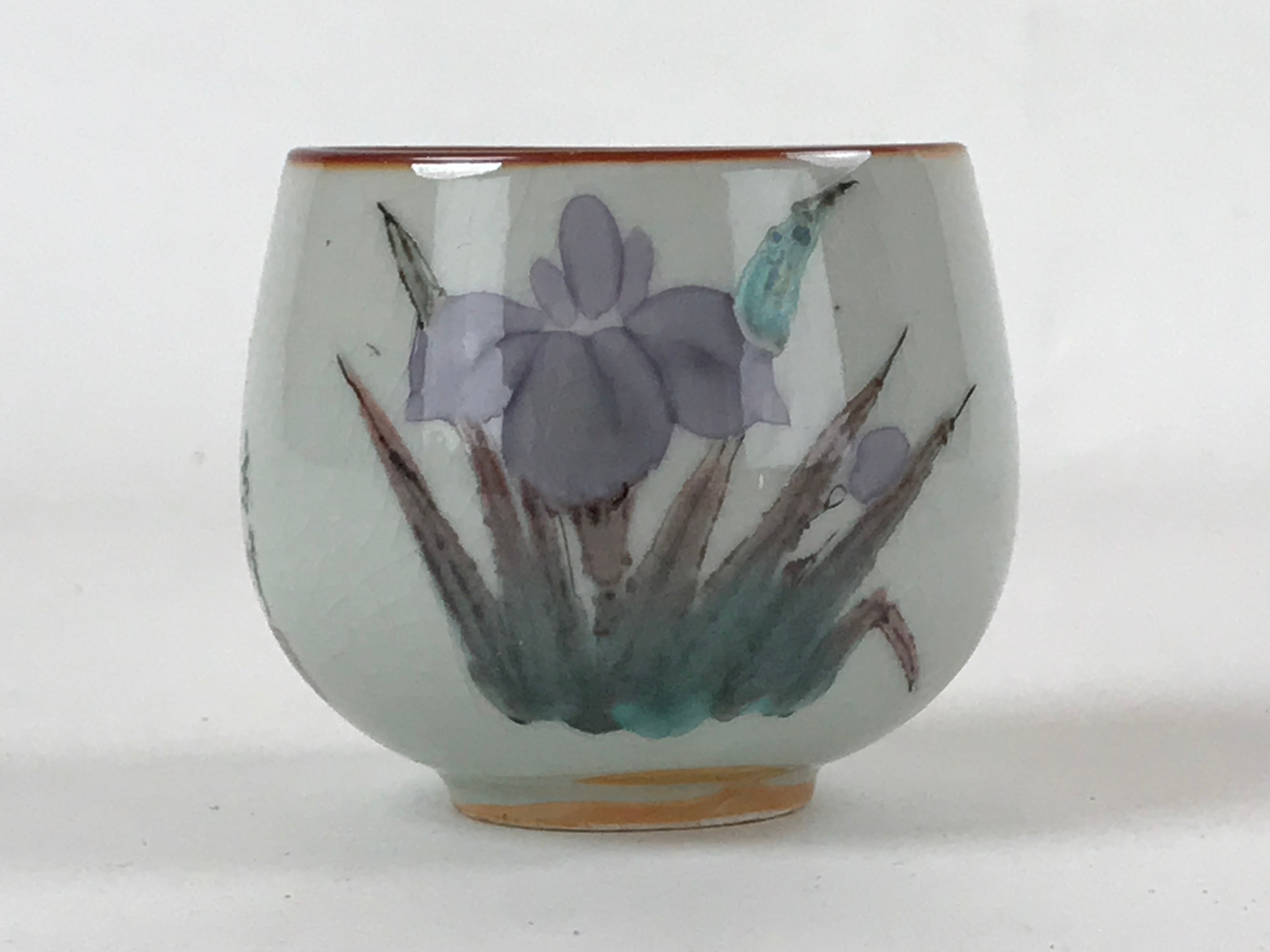 Japanese Ceramic Teacup Vtg Iris Flower Crackle Glaze White Yunomi Sencha TC404