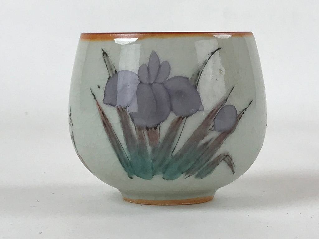 Japanese Ceramic Teacup Vtg Iris Flower Crackle Glaze White Yunomi Sencha TC405